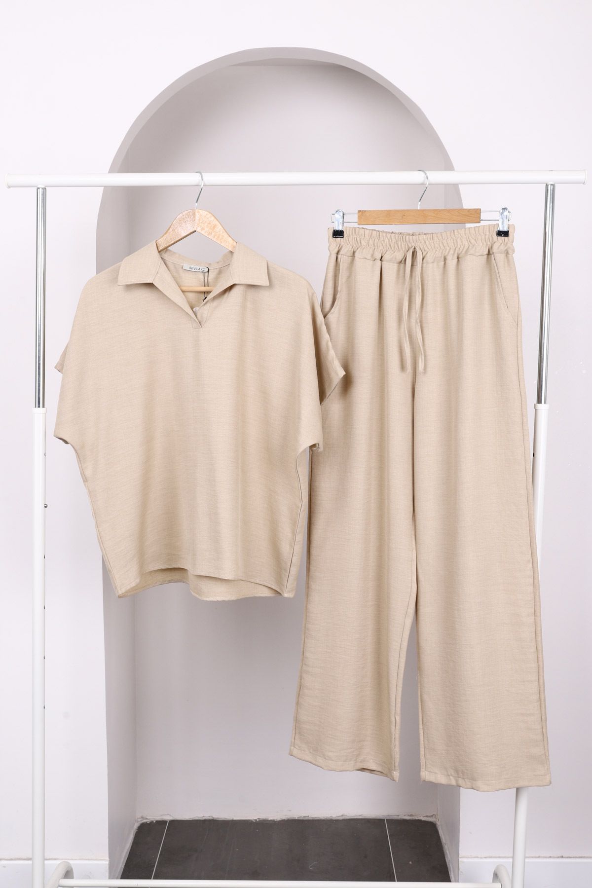 İmajButik-Mink Off-Shoulder Shirt and Trousers Linen Suit 4
