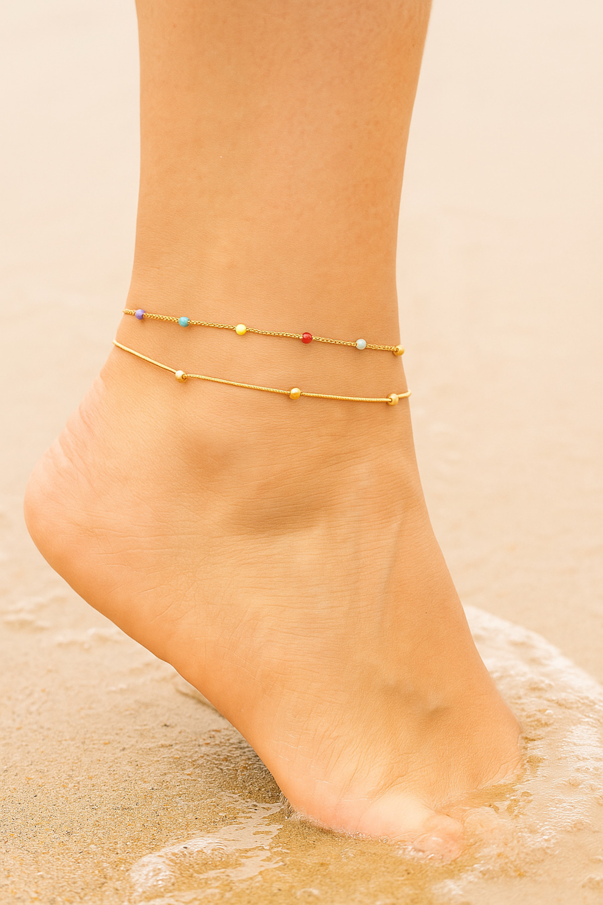 Narflake Renkli Boncuk Detaylı Çift Sıra Kararmaz Çelik Halhal – Yazlık Zarif Tasarım