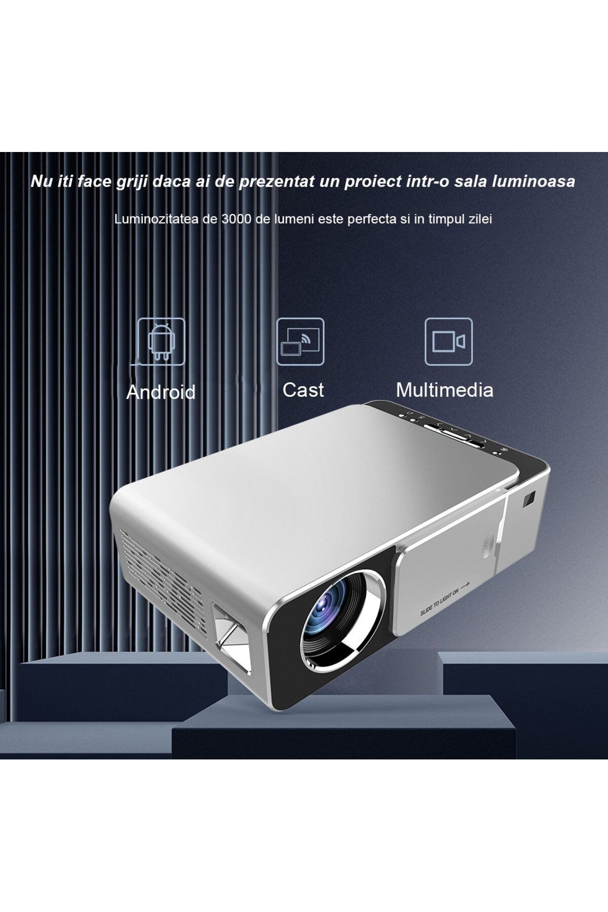 WowStep-Videoproiector, Android, Bluetooth, 3000 Lumeni, HD, LED, HDMI, VGA, AV, USB, Mirroring Android/IOS 5