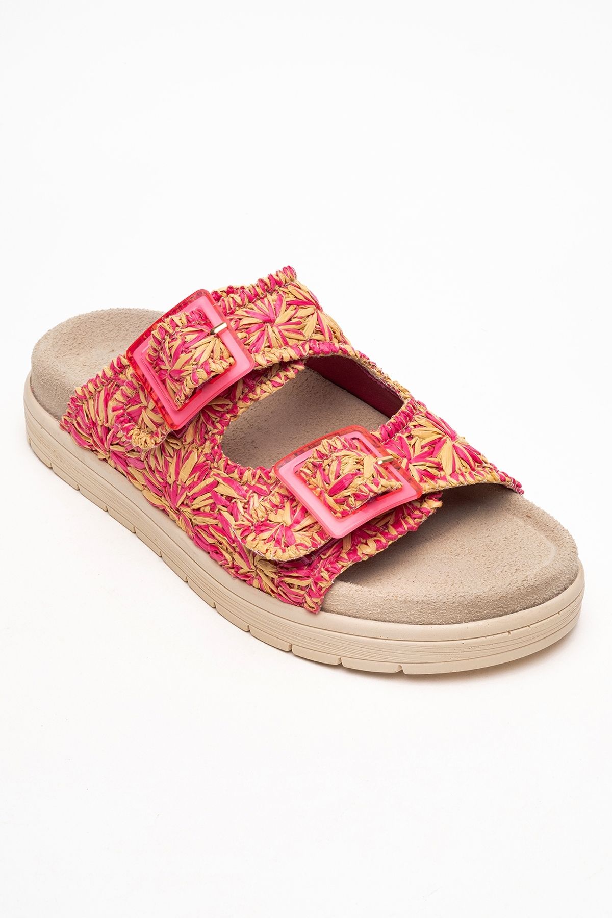LuviShoes-Γυναικείες παντόφλες MILANA με ροζ σχέδιο από γνήσιο δέρμα με διπλό λουράκι 3