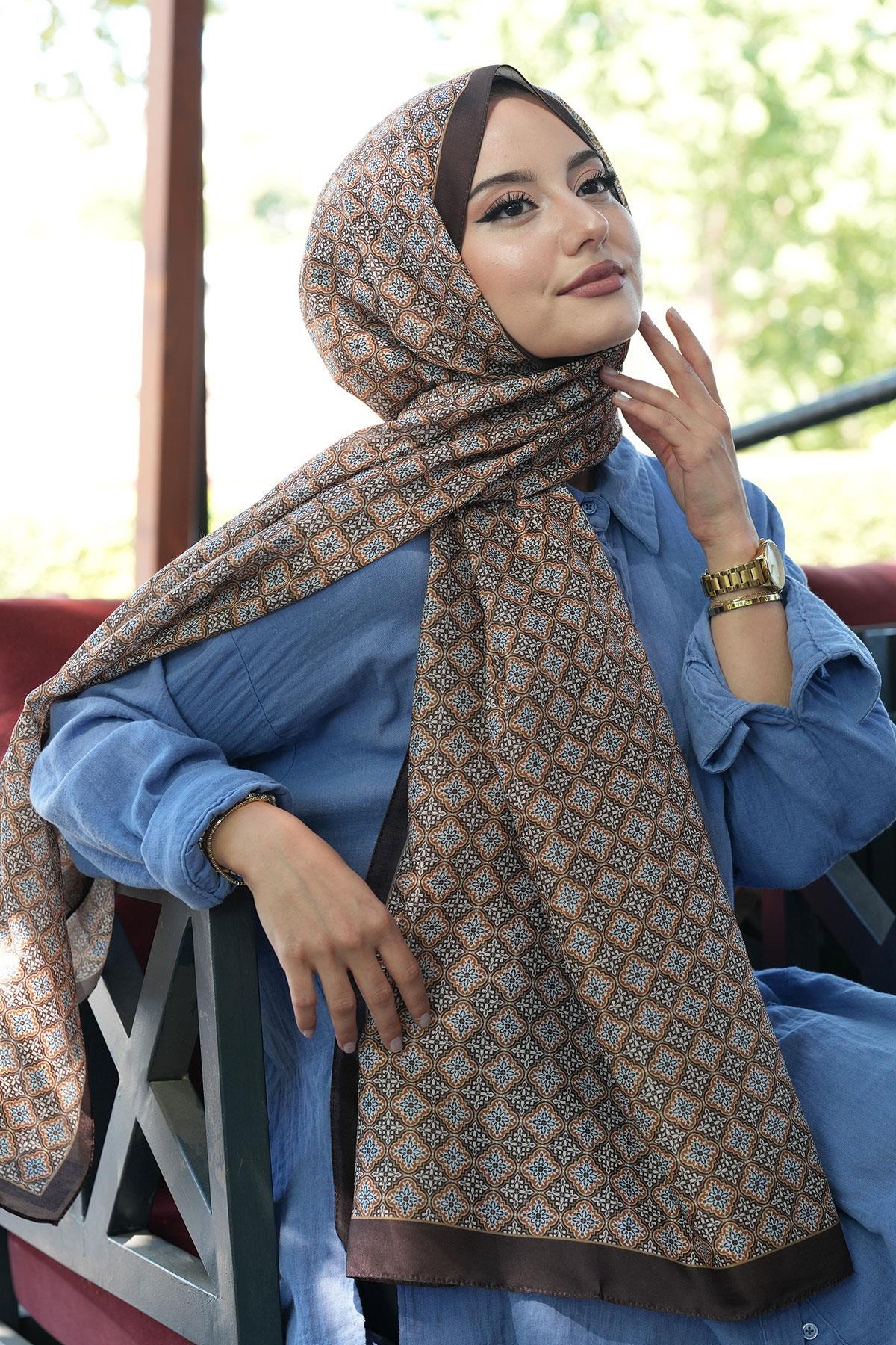 AFVENTE  Mozaik Desen Çikolata Soft Pamuk Şal