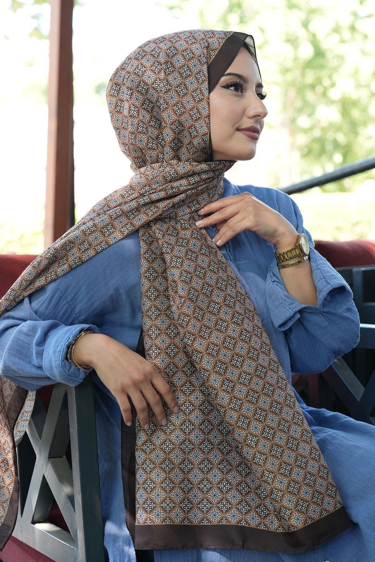 AFVENTE  Mozaik Desen Çikolata Soft Pamuk Şal - Görsel 2