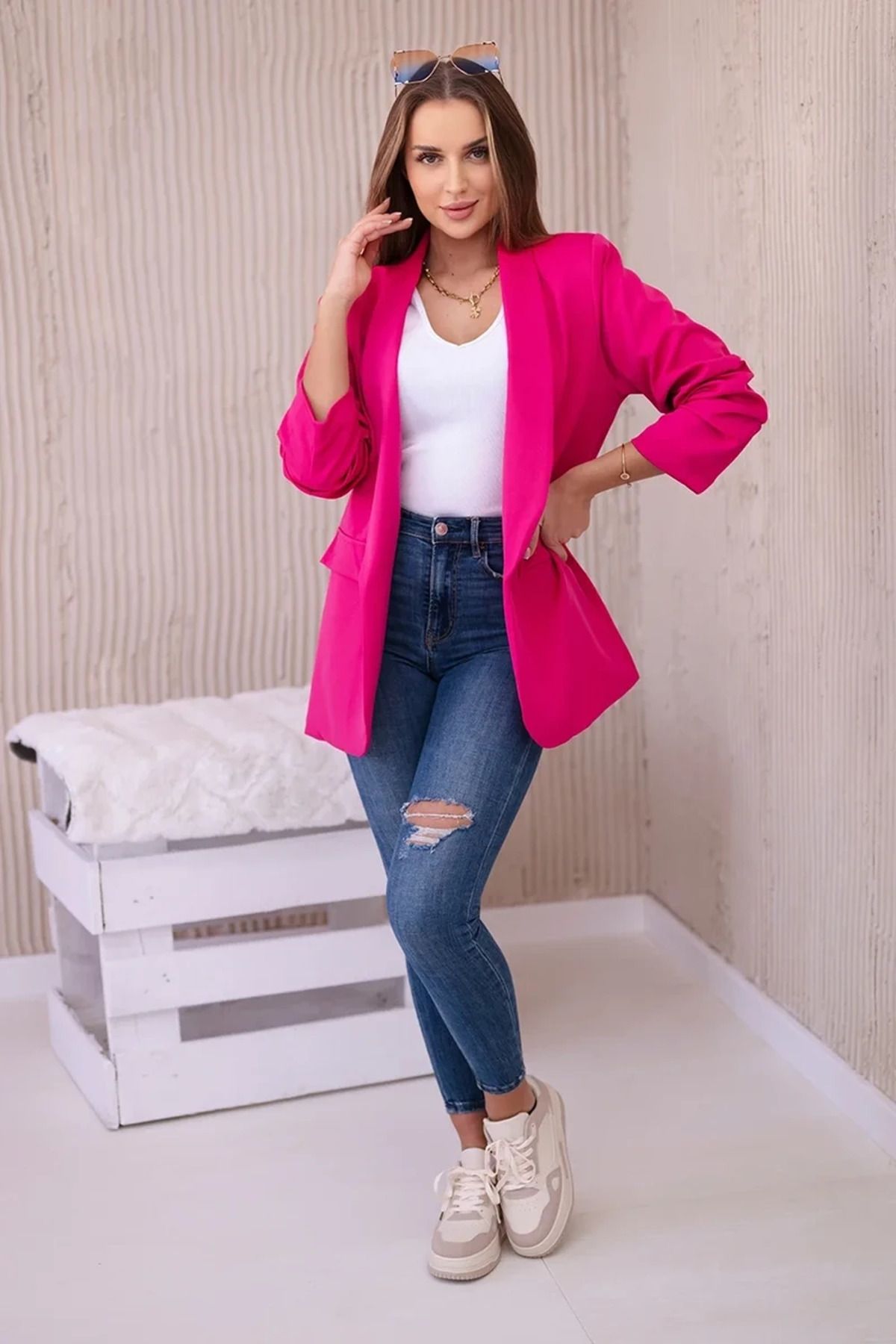 UniqueStore.ro-Elegant Jacket With Draped Sleeves Fancy Fuchsia - One Size 3