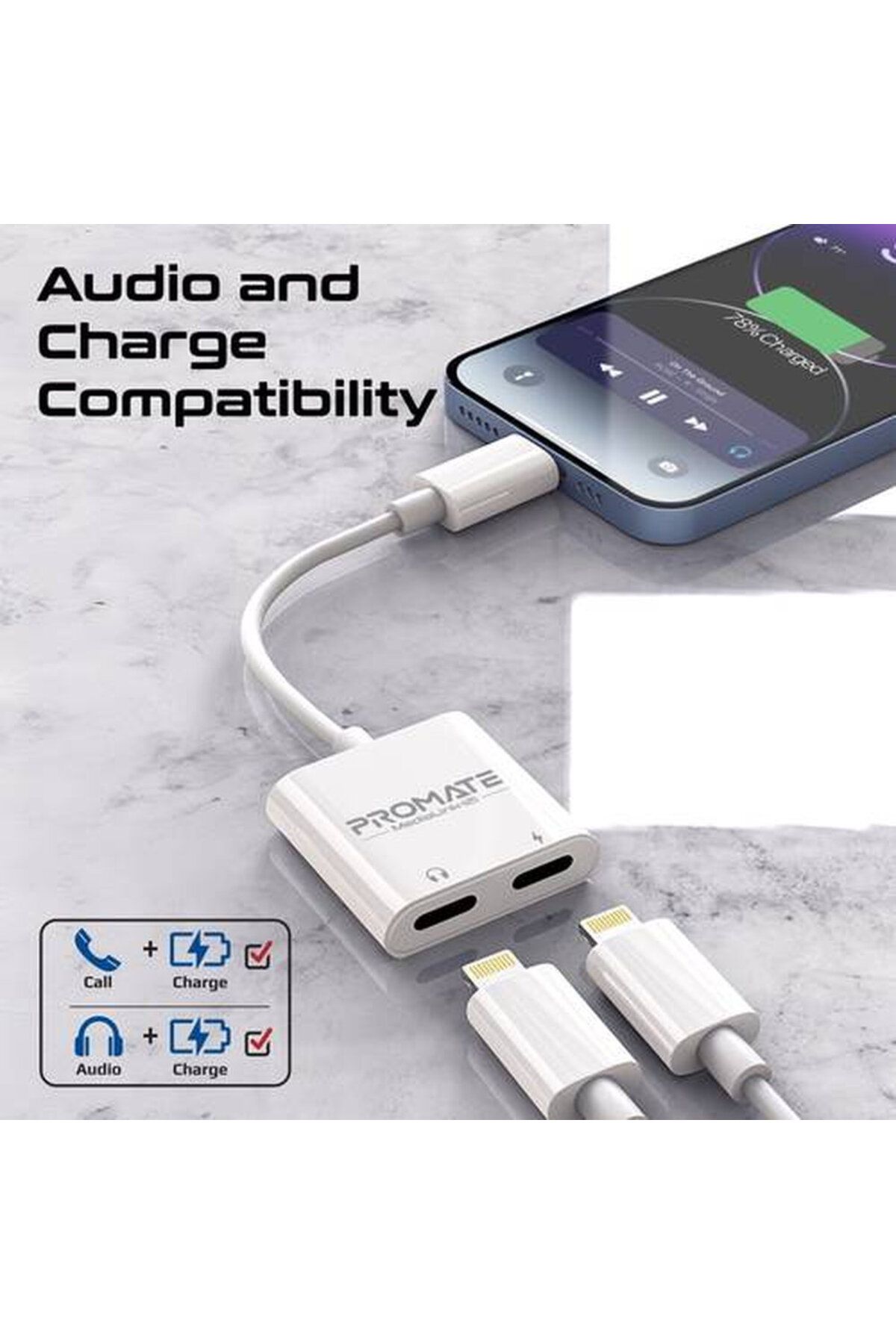 Promate-2-in-1 Dual Port Lightning Adapter, 10W Charging with 48kHz Audio Output 4
