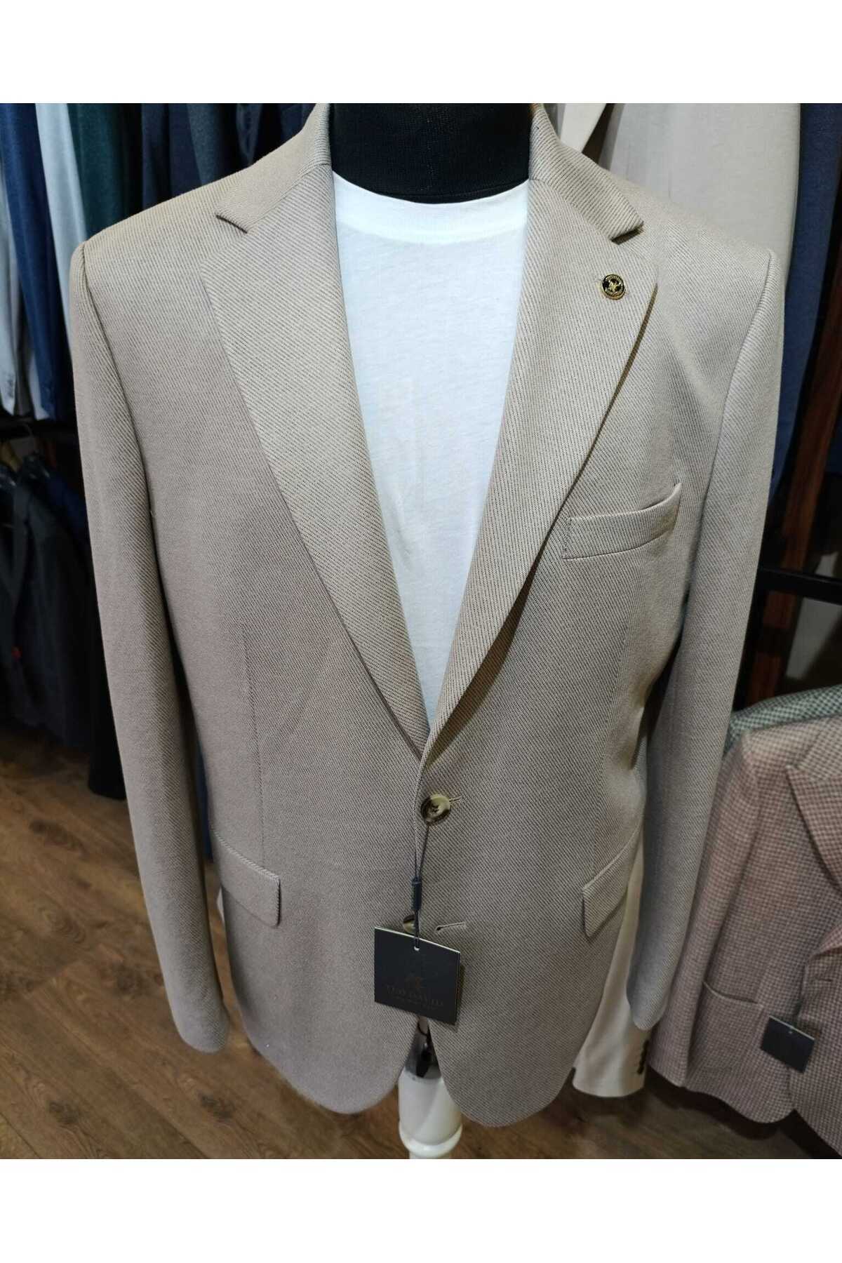 Ted Davıd-Beige Diagonal Patterned Textured Jacket 1