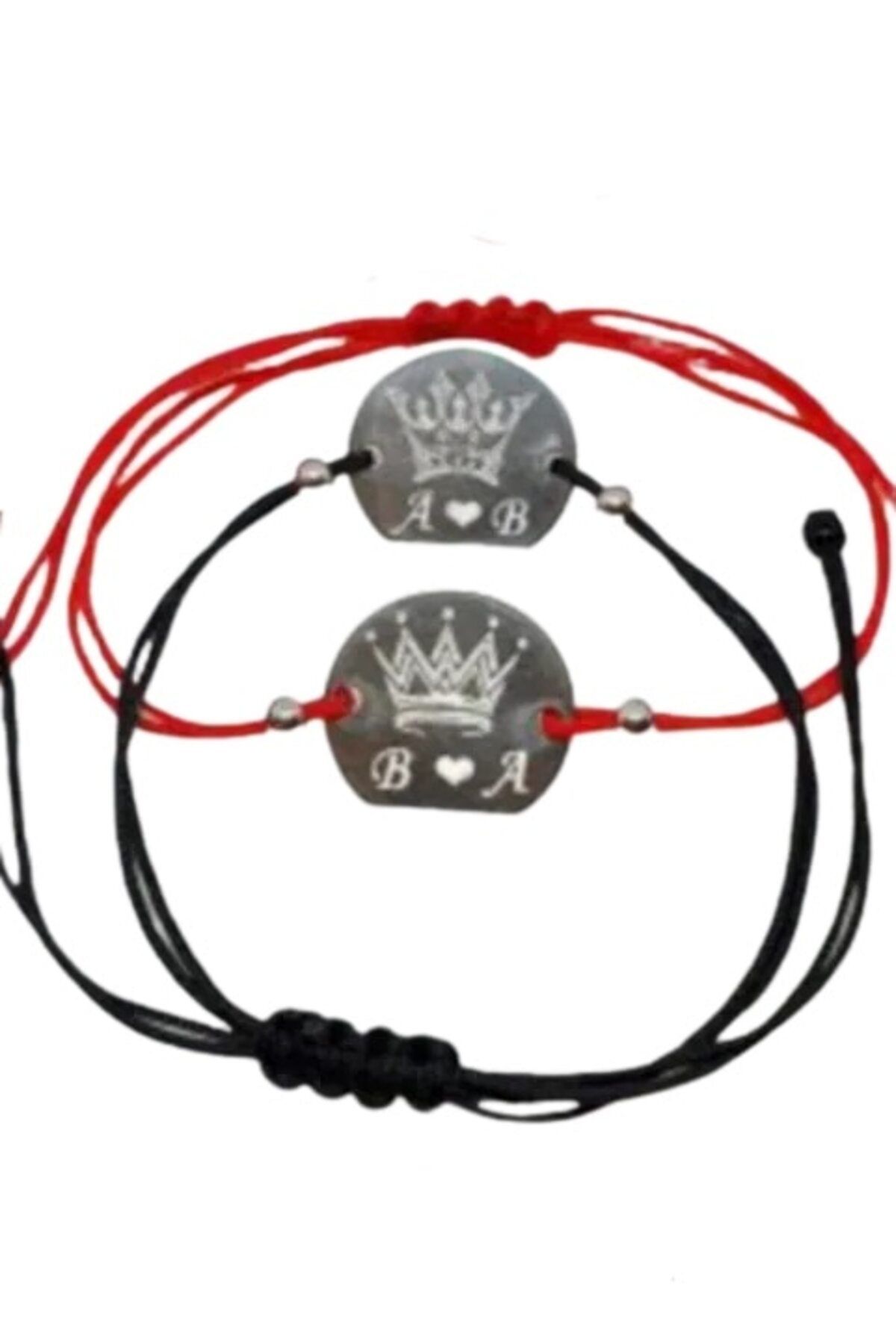 dalimag-Set of 2 bracelets in black and red customized with initials for couples 'King' and 'Queen' 3