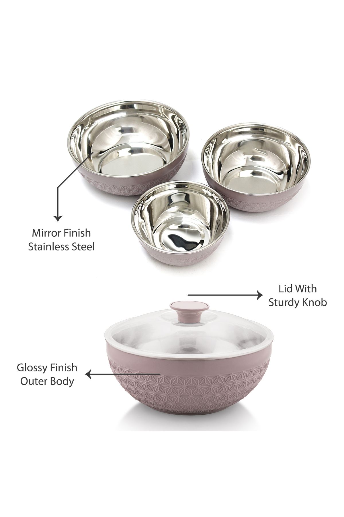 Axis-3pcs Insulated Mixing Bowl Set with Lids | 600ML, 1200ML, 1800ML | Steel Inner, Plastic Outer 7