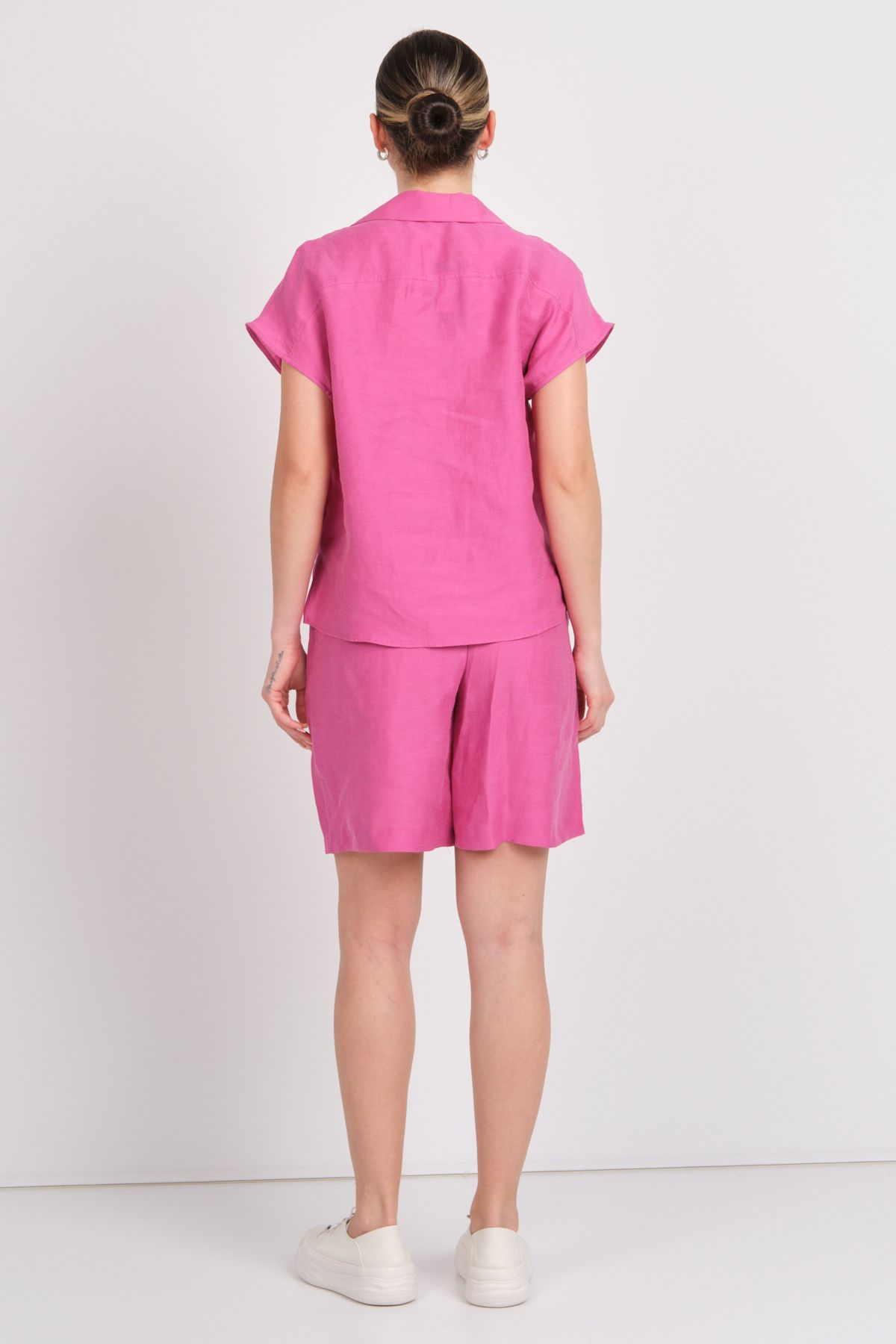 AYHAN-Pantaloni scurți de in pentru femei cu buzunar elastic în talie 1247 fucsia 4