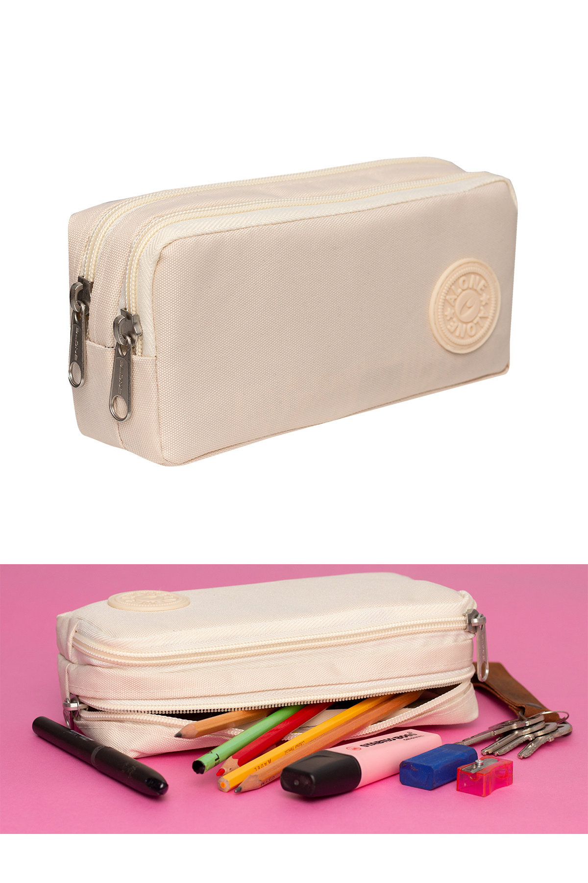 Genel Markalar Bej Çift Gözlü Okul Kalemlik Kalem Çantası, şık ve kullanışlı tasarım