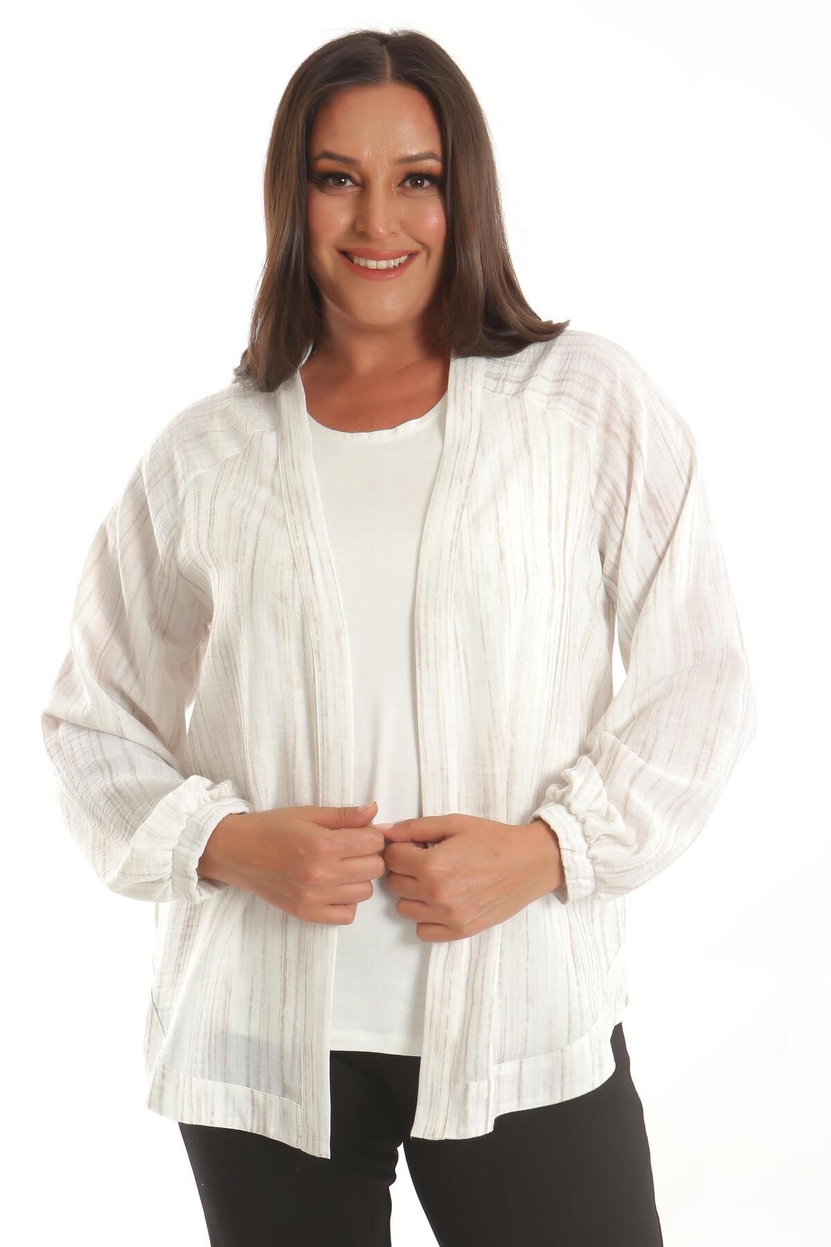 Metpoint-Trend42Plus Large Size Fabric Striped Oversize Ecru Jacket with Elastic Sleeves 4