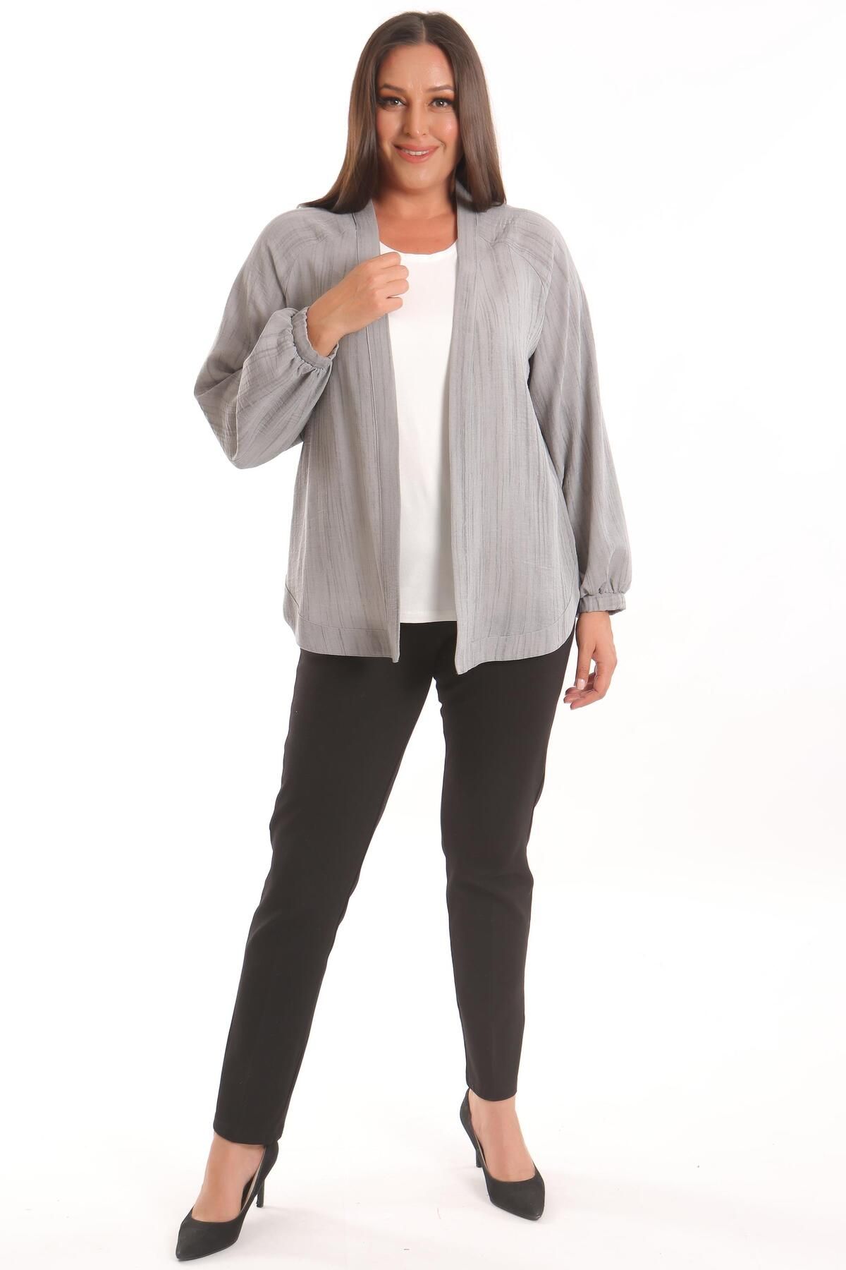 Metpoint-Trend42Plus Large Size Fabric Striped Oversize Gray Jacket with Elastic Sleeves 5