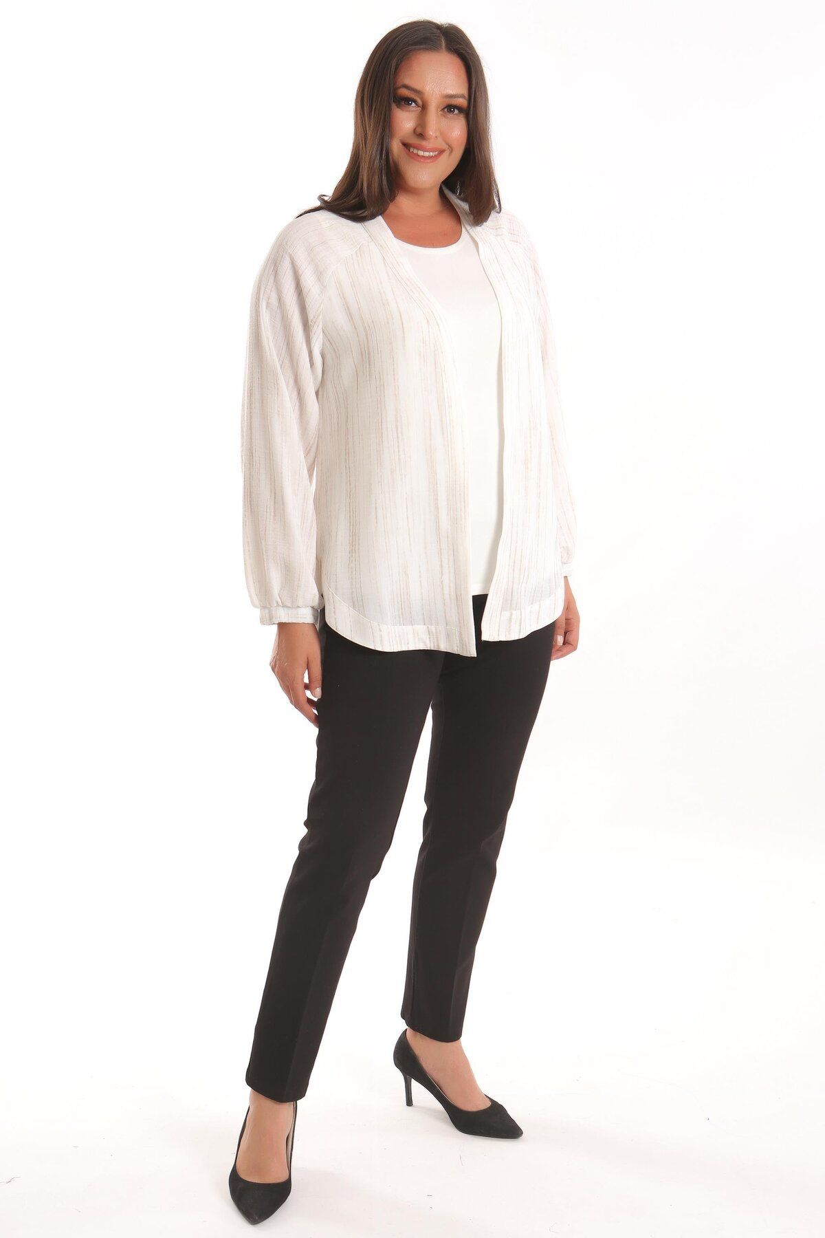 Metpoint-Trend42Plus Large Size Fabric Striped Oversize Ecru Jacket with Elastic Sleeves 1