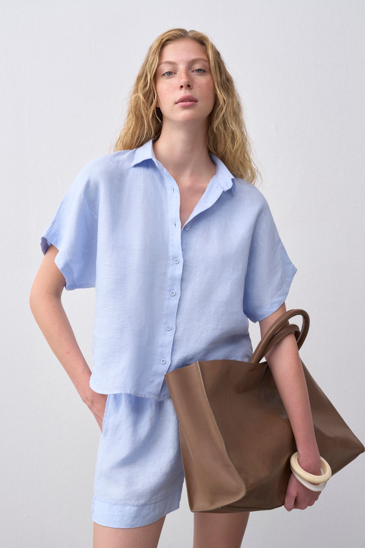 mathilda store-Women's Blue Linen Shorts Shirt Set 5