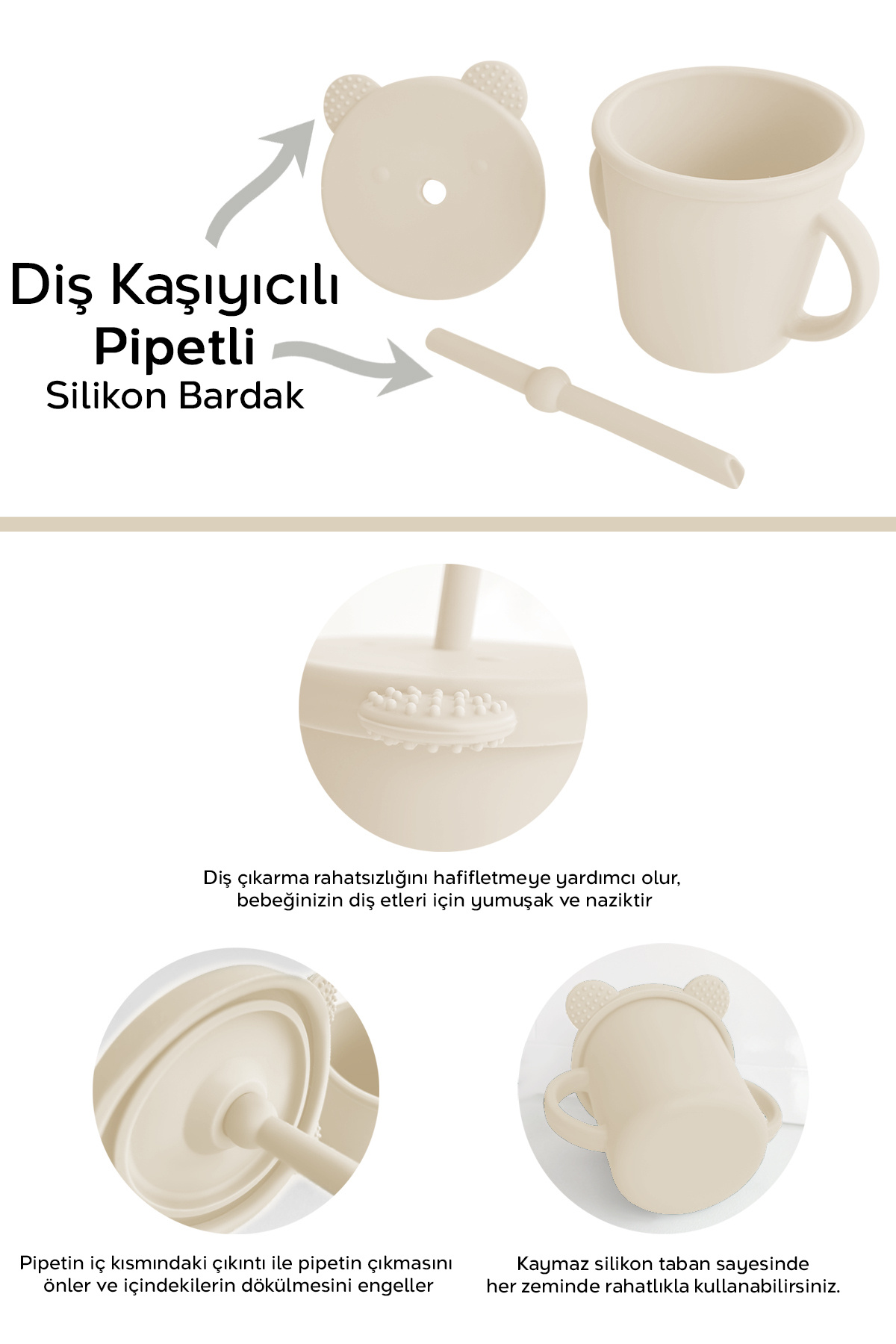 Meleni Baby 4'lü Silikon Beslenme Seti - Yapboz Puzzle Mama Tabağı Önlük Pipetli Bardak Diş Kaşıyıcı Kaşık Bej fotoğrafı 3 (önizleme)