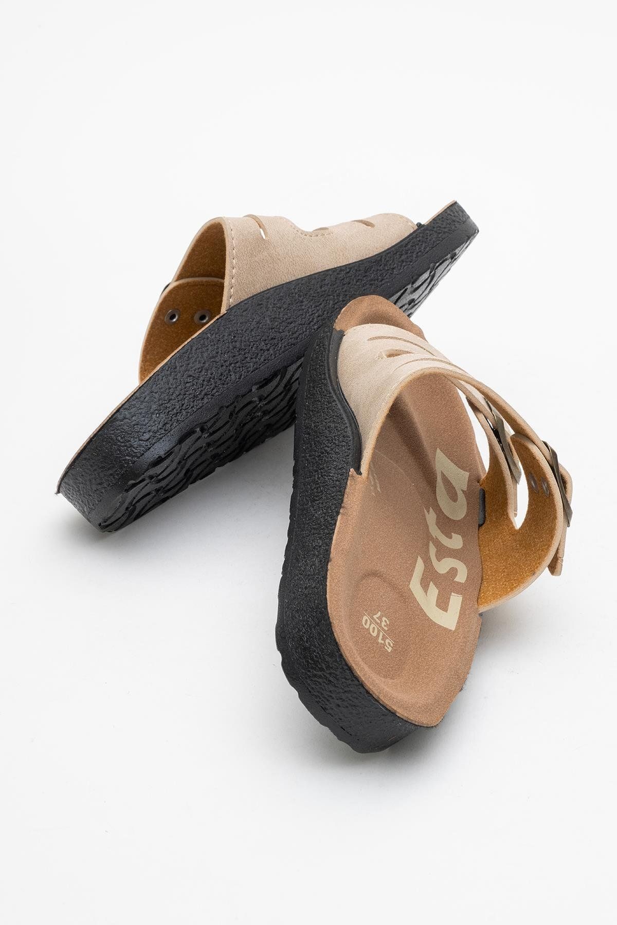 CCWAY AYAKKABI-Women's Flat Slippers with Flip Flop Buckle Beige 4