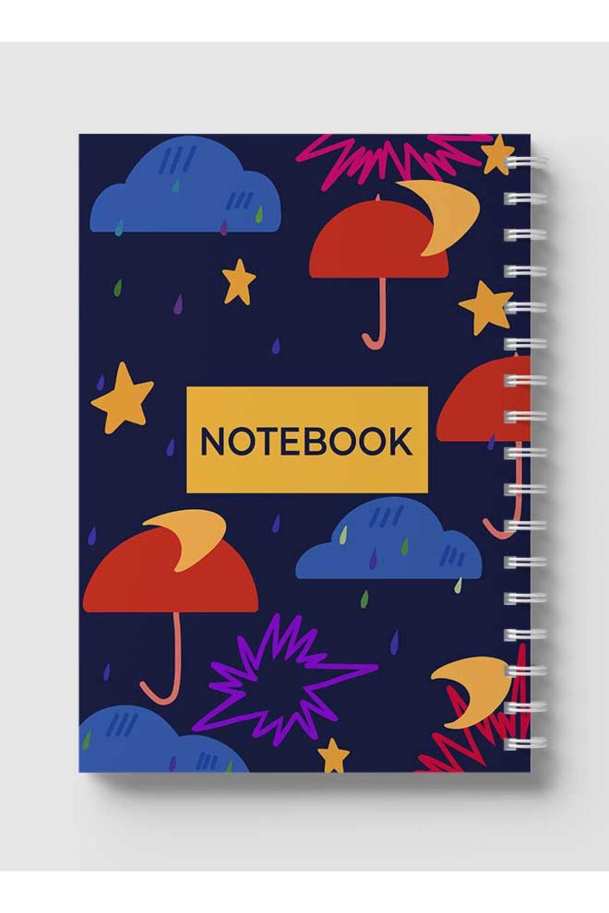 LOWHA-Spiral Notebook with Front and Back Hard Covers Featuring Umbrellas Rain & Night Design 5