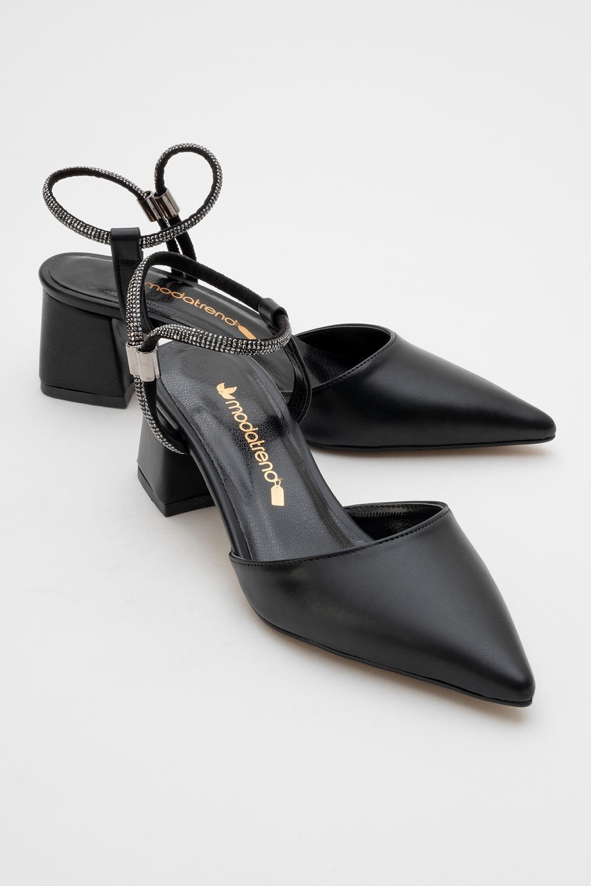 CCWAY AYAKKABI Kadın Taşlı Topuklu Ayakkabı SİYAH CİLT