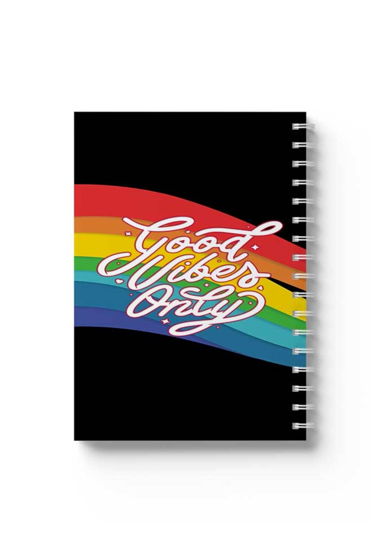 LOWHA-Spiral Notebook with Front and Back Hard Covers Featuring Rainbow Good Vibes Only Design 1