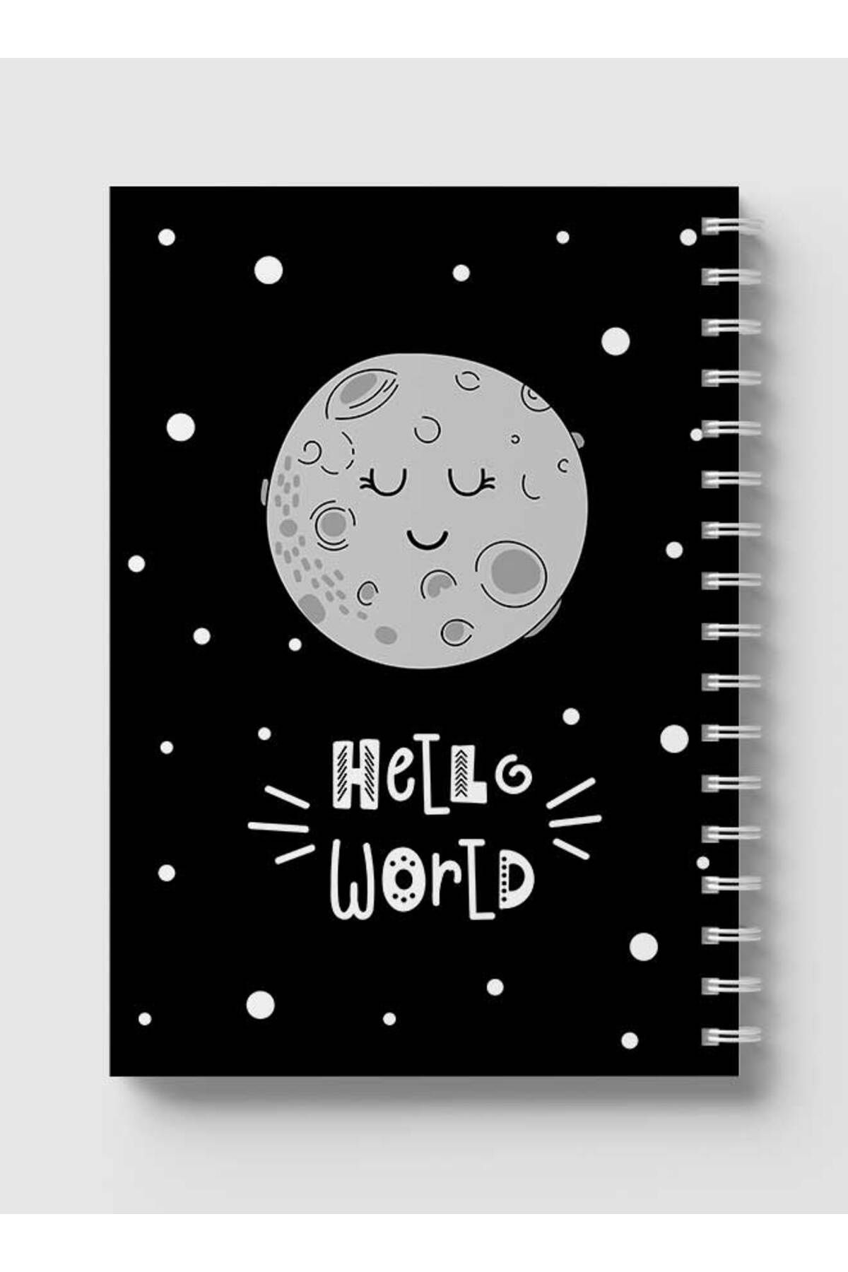 LOWHA-Spiral Notebook with Front and Back Hard Covers Featuring Moon Hello World Design 5