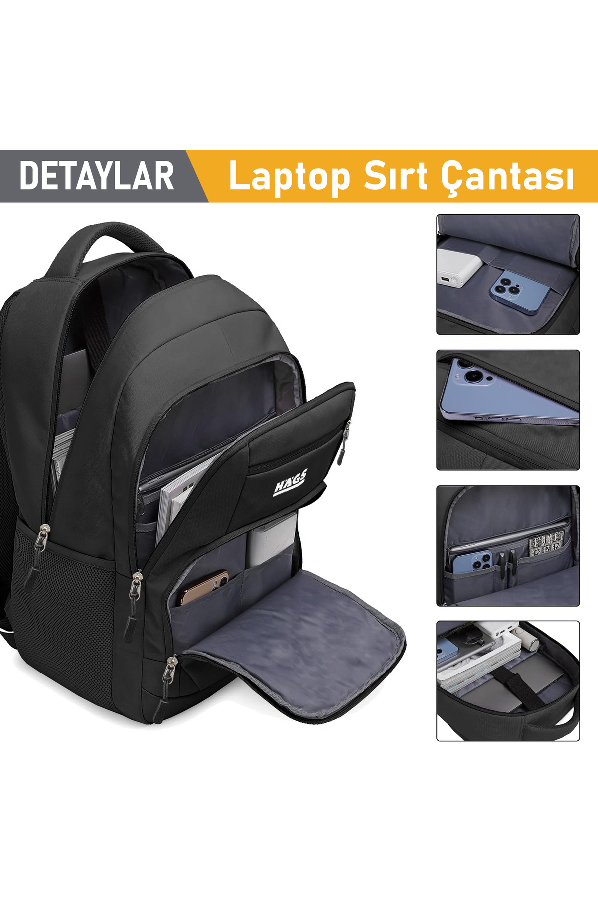 Genel Markalar  Laptop Sırt Çantası, Multi Cepli İş Seyahat Çantası Erkek ve Beyan için Sırt Çantası Siyah - Görsel 2