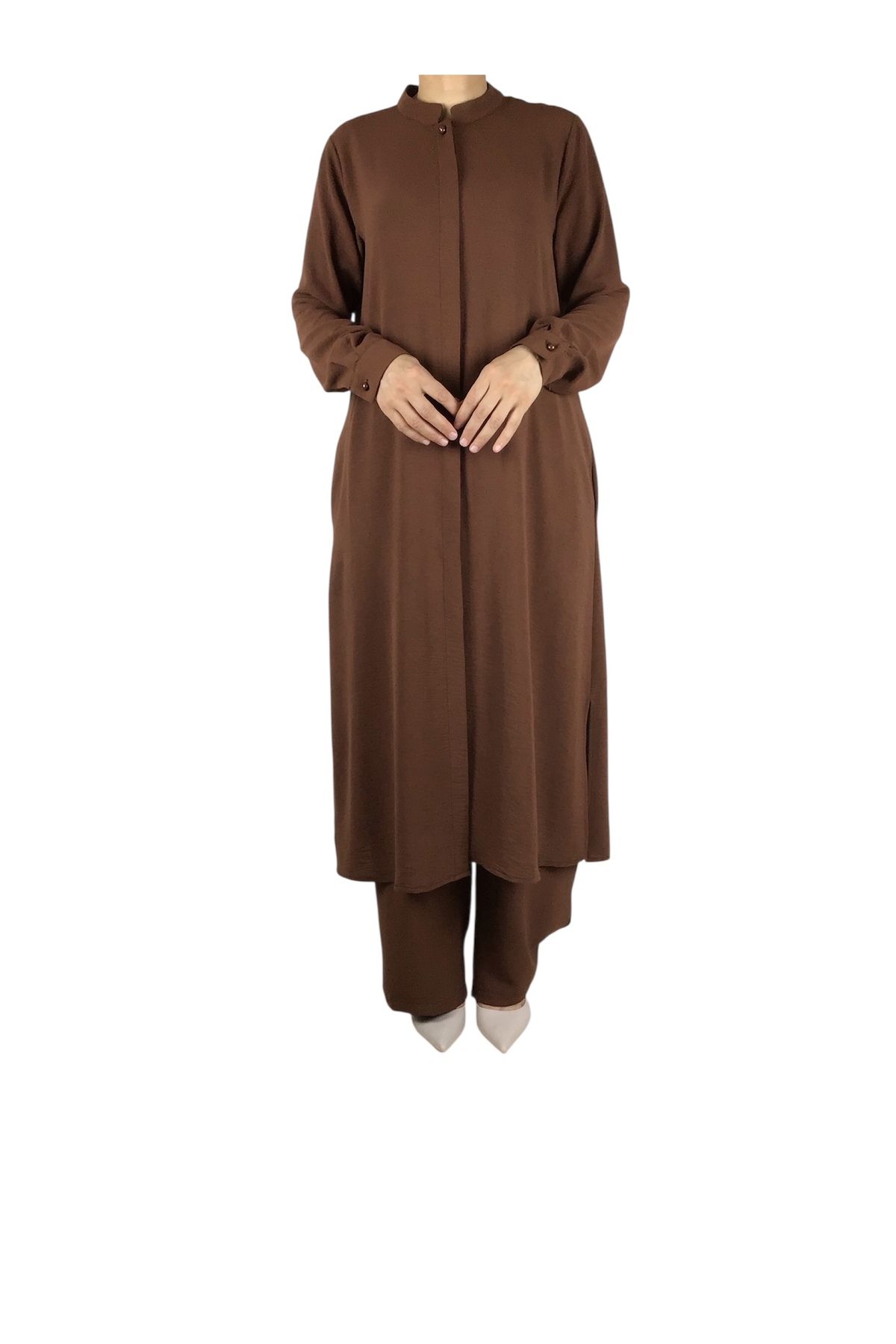 ECE GİYİM-Women's Judge Collar Tunic with Hidden Buttons on the Front and Hidden Pockets on the Sides with Pants with Elastic Waist 3