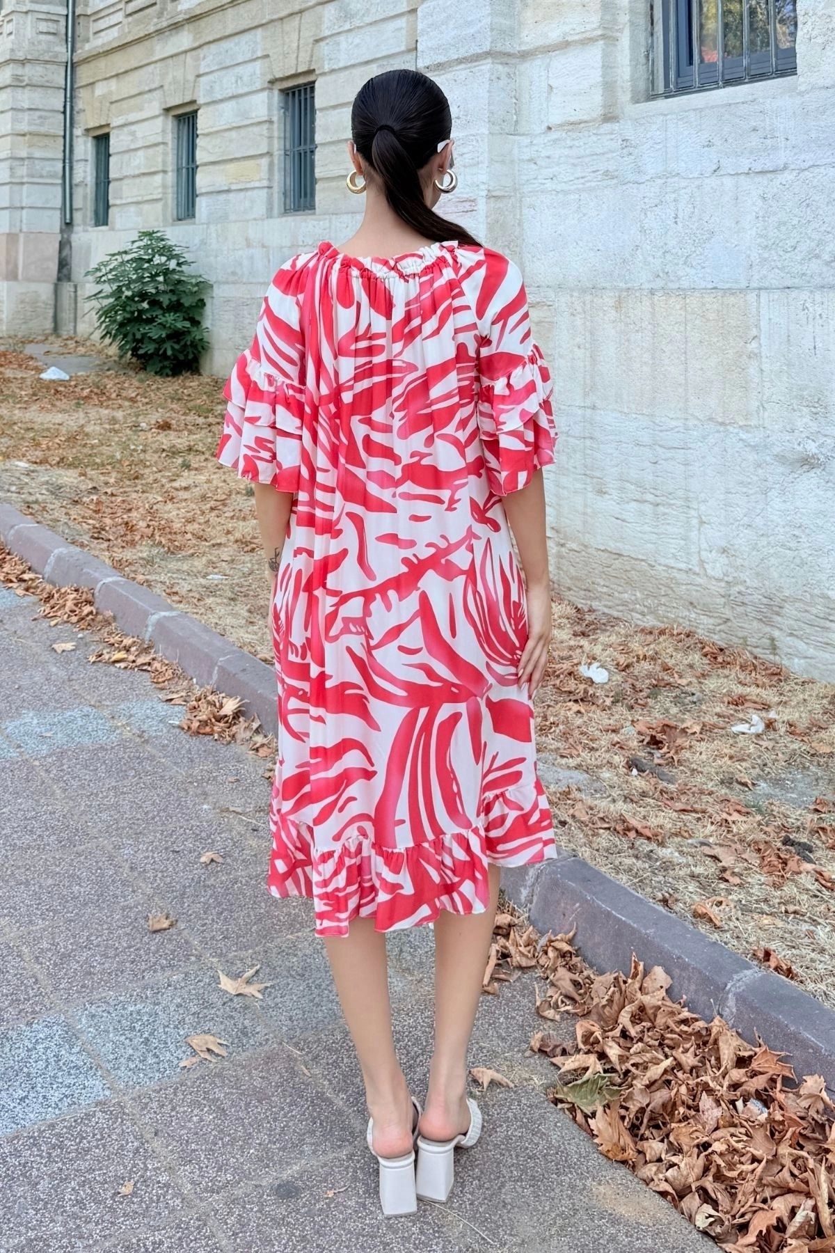 lodmela-Lapel Elastic Ruffle Detail Comfortable Form Viscose Dress 6024-Fuchsia 6