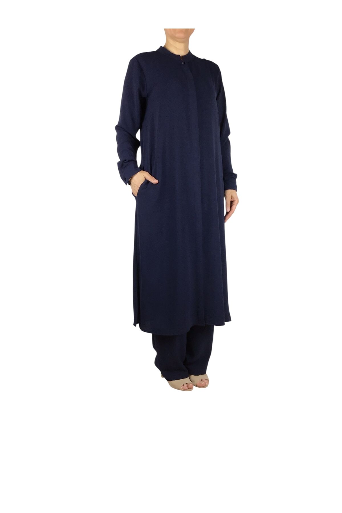 ECE GİYİM-Women's Judge Collar Tunic with Hidden Buttons on the Front and Hidden Pockets on the Sides with Pants with Elastic Waist 2