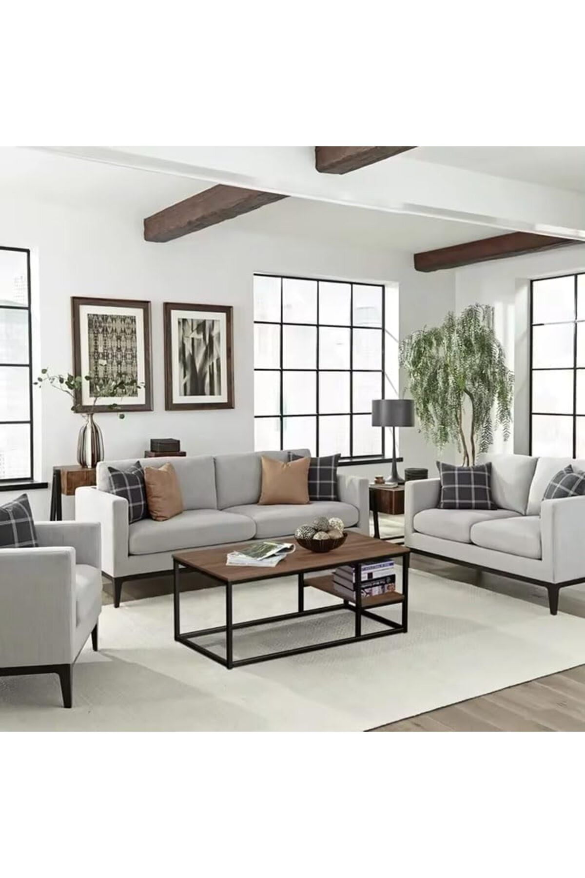 AGD-Wooden Rectangular Multifunction Coffee Table with Black Metal Frame and Bottom Shelf 5