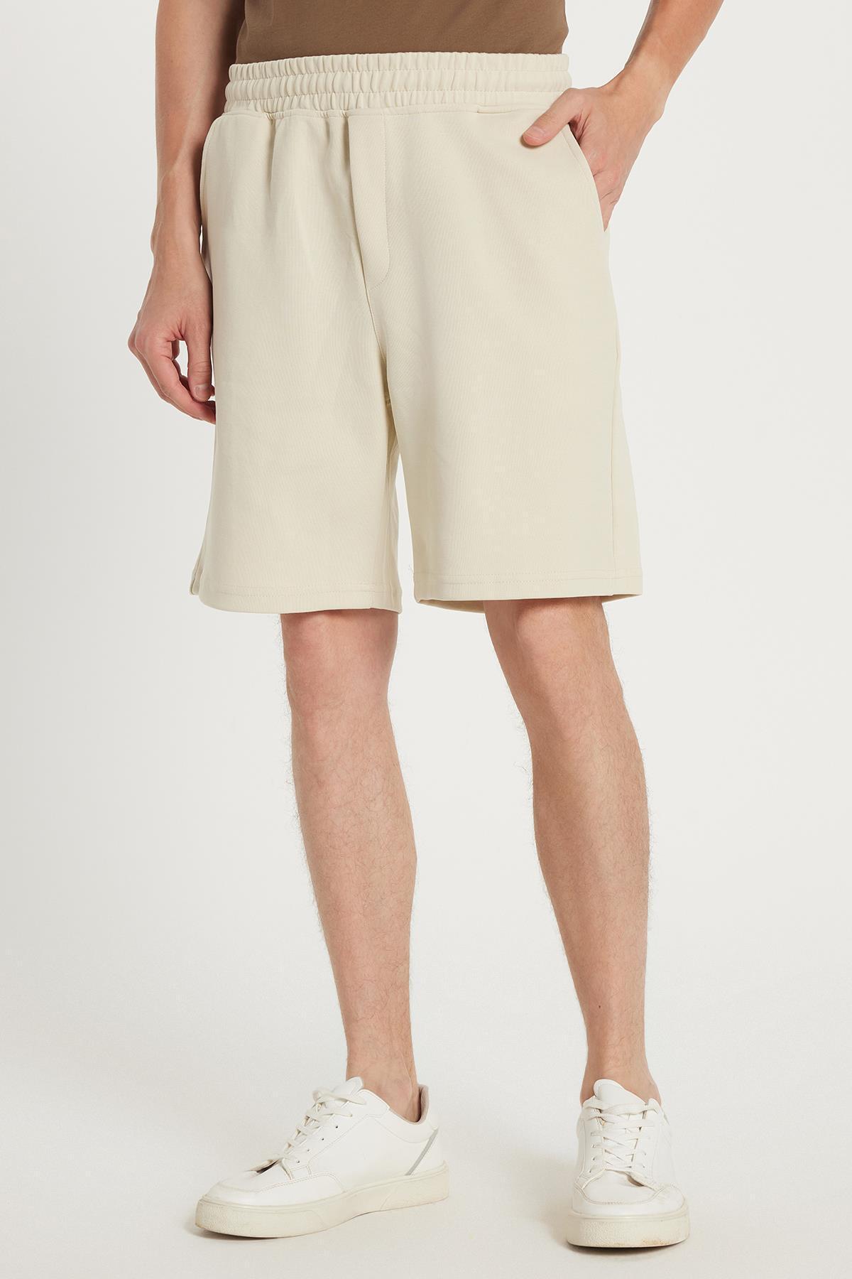Tudors-Men's Regular Fit Classic Cut 3-Pocket Ecru Shorts with Elastic Waist 1