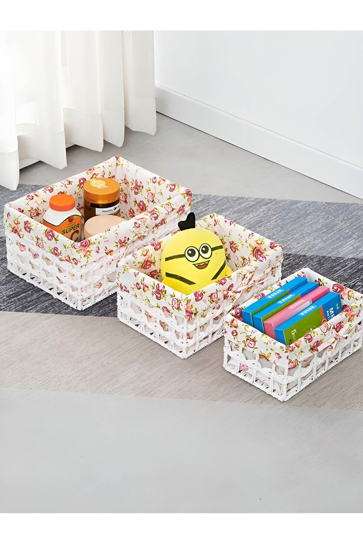Cozy Nest-Set of 3 Woven Storage Baskets Rectangular Woven Bins with Plastic Frame, Removable Fabric Lining 4