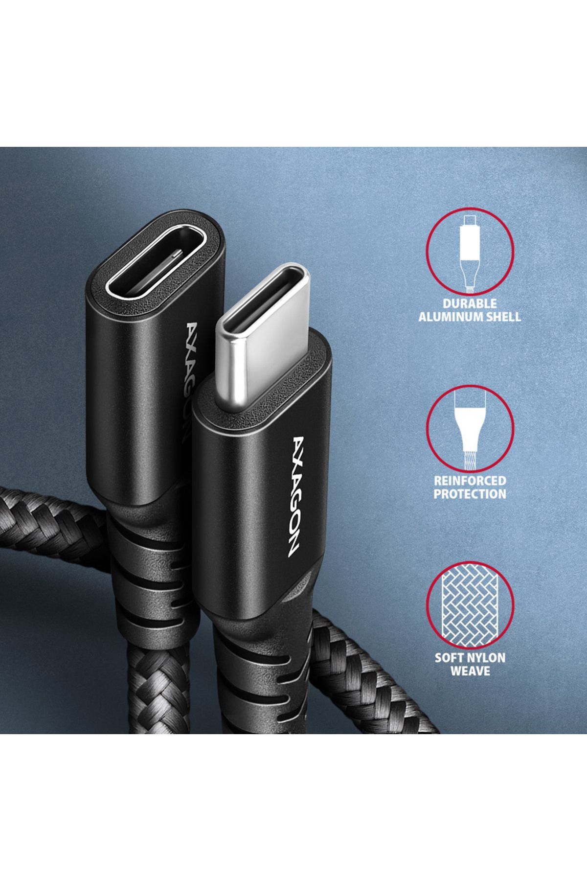 Axagon-Cablu prelungitor USB 20Gbps, 0,5 m | BUCM32-CF05AB | USB-C la USB-C 3