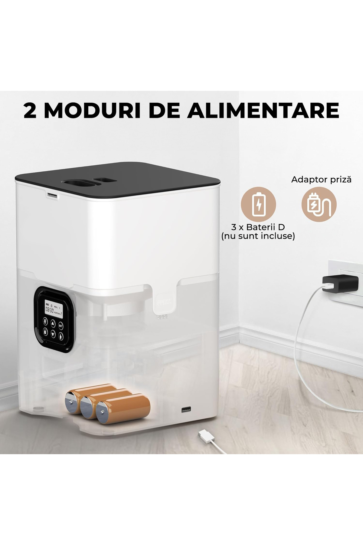 Elindor-Hrănitor automat pentru câini și pisici, cu funcție de setare a intervalului de hrănire, capacitate 4L, alb 5
