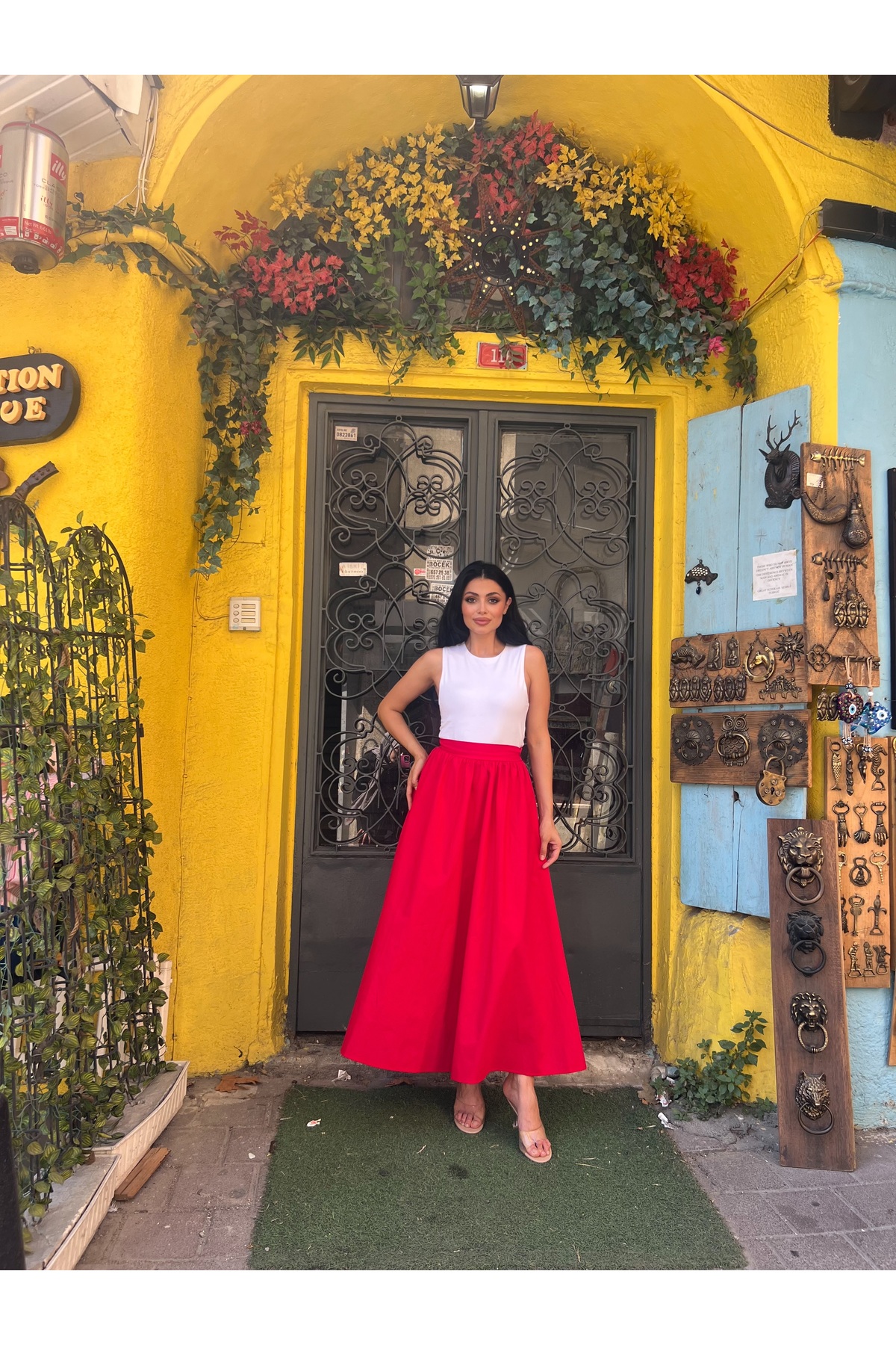 KÜÇÜĞÜM BUTİK  Kırmızı Kloş Poplin Etek - Görsel 3