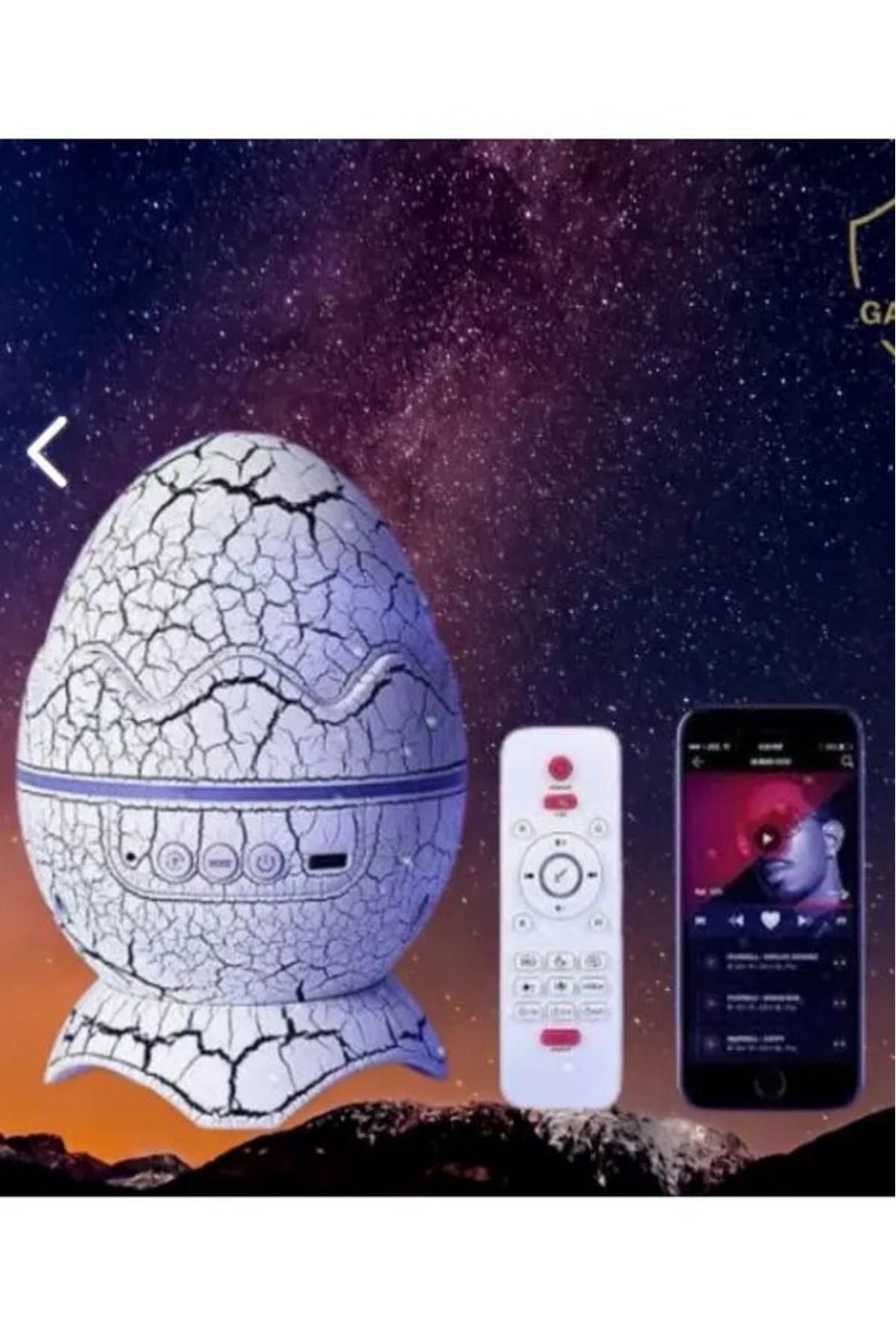 Dinazor Yumurta Galaksi Işık Projektörü Kumandalı Gece Lambalı Yıldızlı Atmosfer Bluetooth Hoparlör