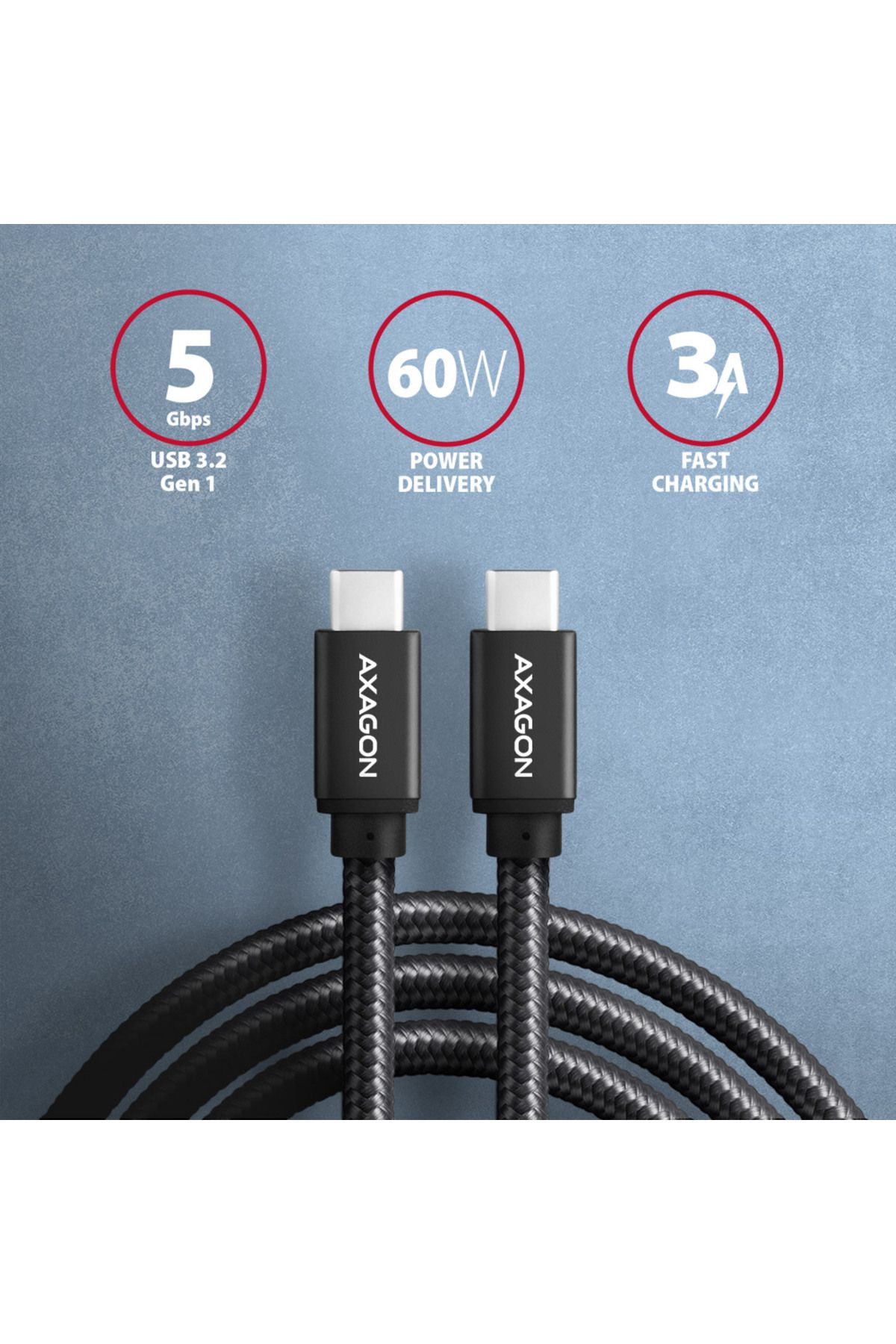 Axagon-Cablu USB 3.2 Gen 1 pentru date și încărcare, 1 m | BUCM3-CM10AB | USB Tip C - USB Tip C 2