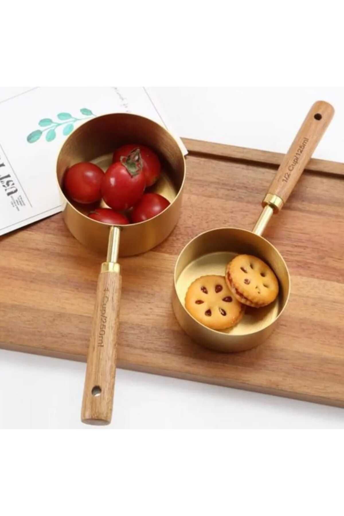ALFAGİFT-Set of 4 Gold Measuring Cups – Wooden Handle – 60 Ml, 80 Ml, 125 Ml, 250 ml 3