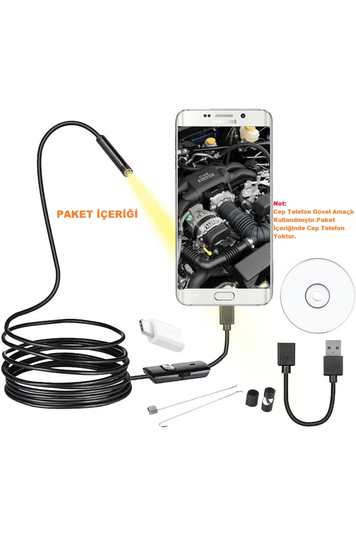 Kalite 3in1 Micro Usb+type-c+usb Android Cep Telefon Uyumlu 8 Mm Işikli 5 Metre Endoskop Yilan Kamera