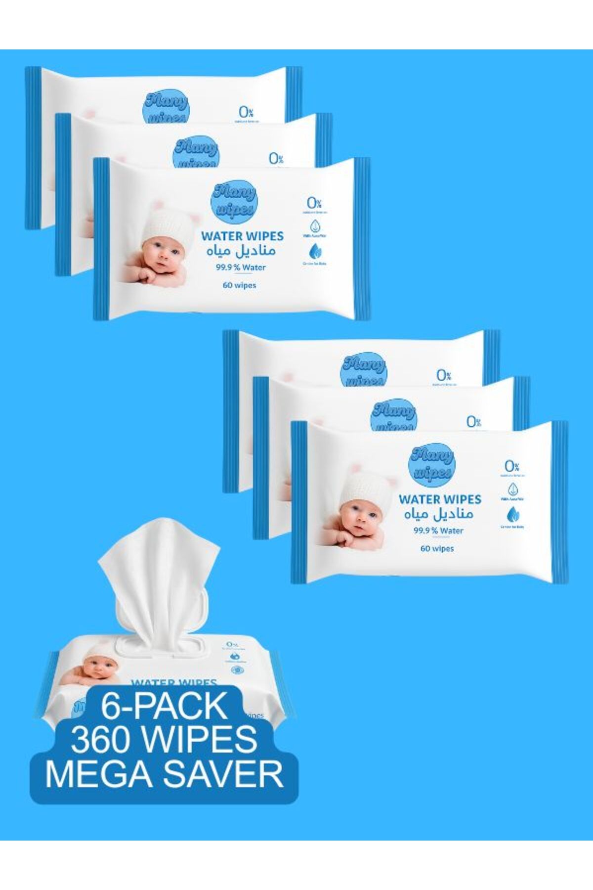 Mamy Wipes-Water Wipes, 6 x 60 Wipes (360 Total) – 99.9% Water, Mega Saver 2