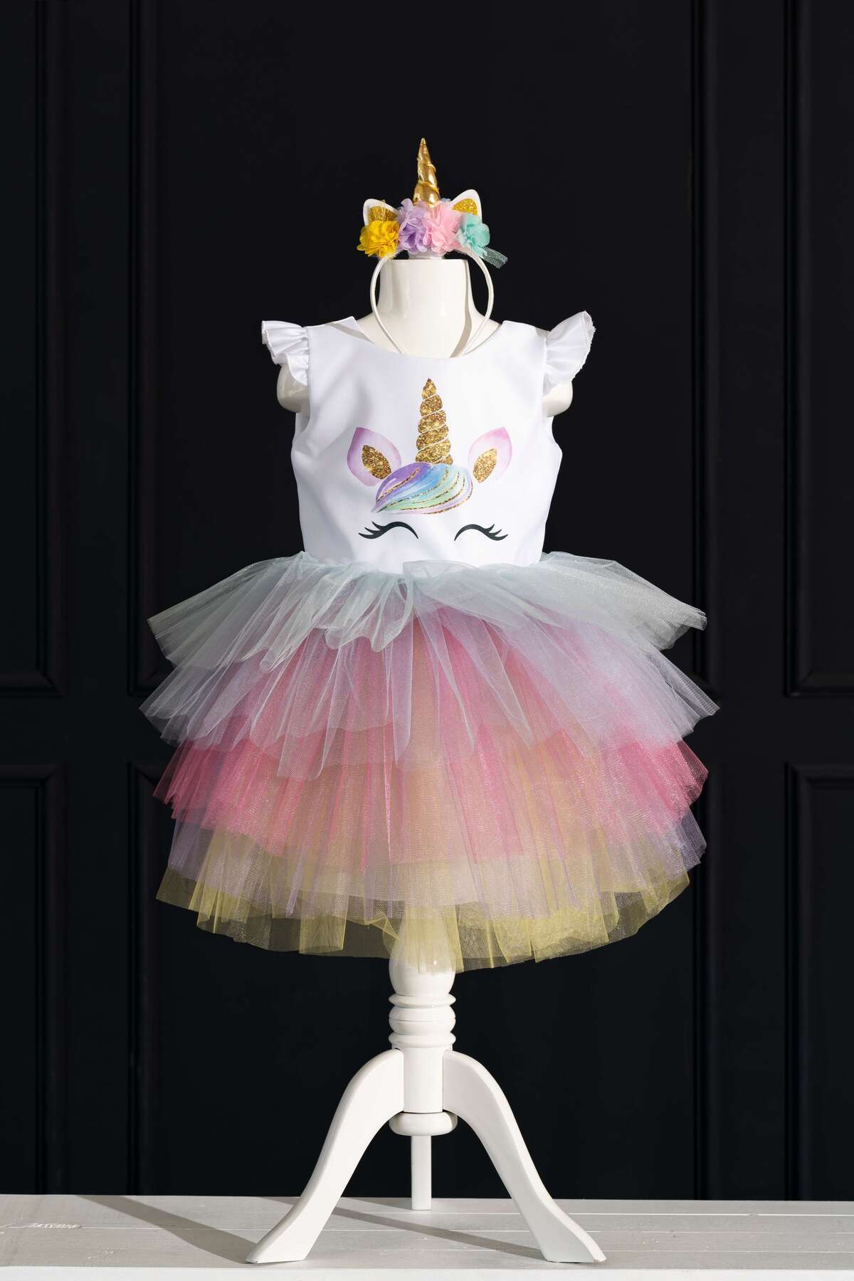 Girl Unicorn Crown Printed White Birthday Dress & Party Costume Crown Gift!!!