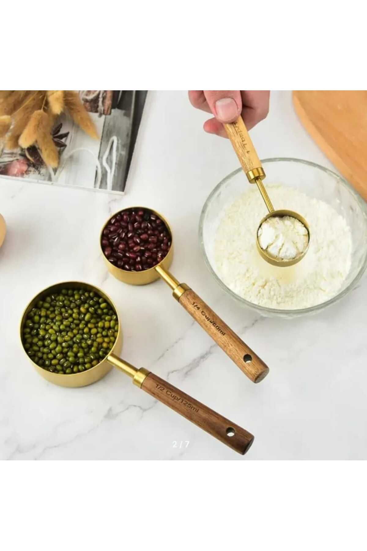 ALFAGİFT-Set of 4 Gold Measuring Cups – Wooden Handle – 60 Ml, 80 Ml, 125 Ml, 250 ml 4