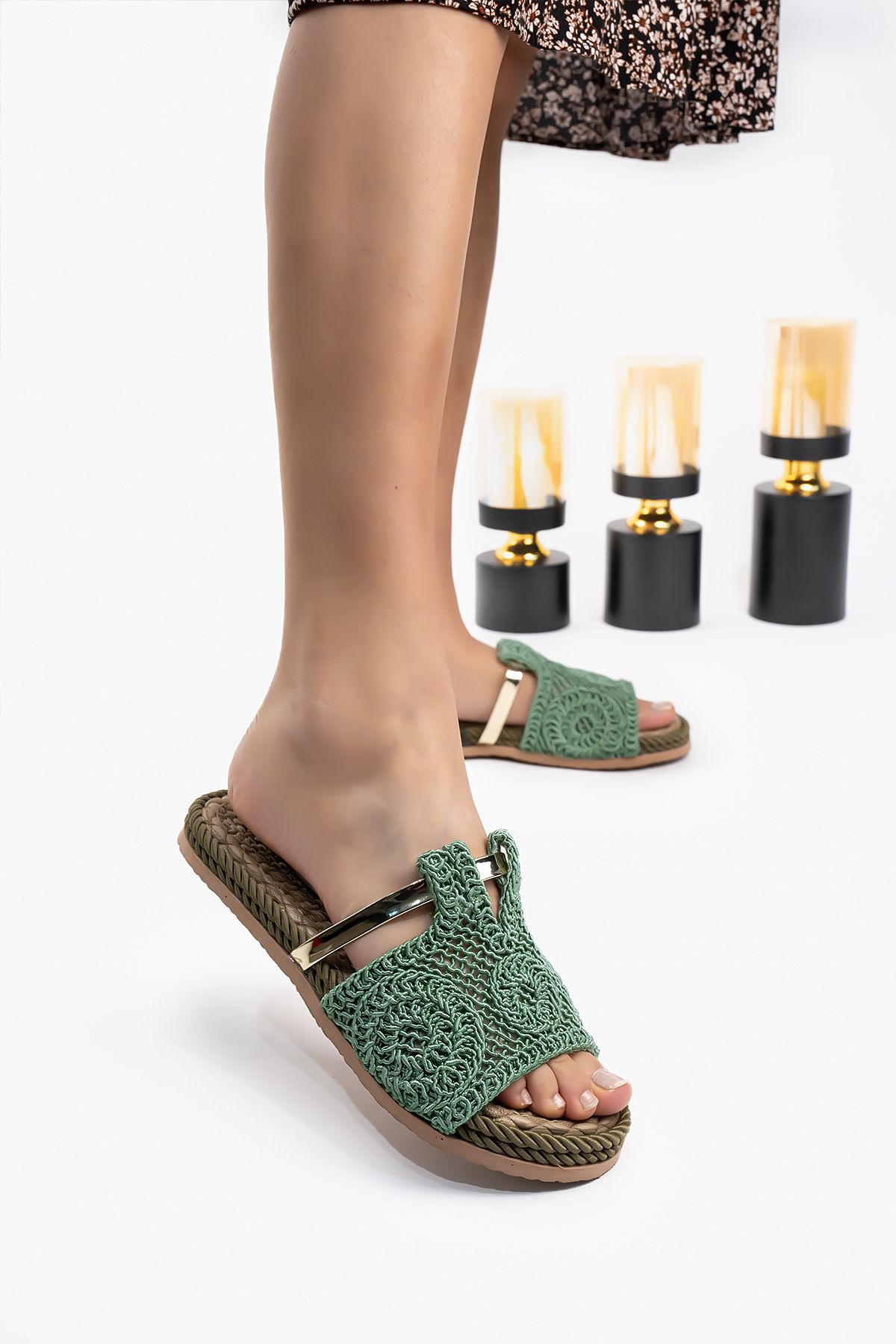 Blyss-Women's Lace Knitted Green Slippers 1