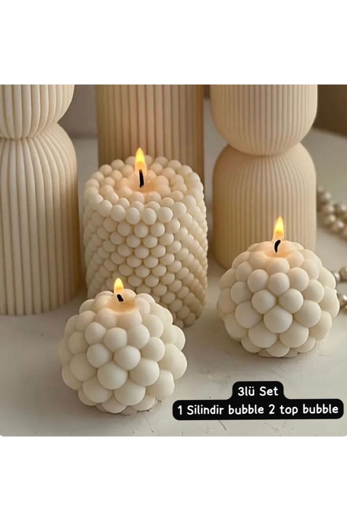 Zeren Home 3 Adet Bubble Dekoratif Kokulu Mum Seti - Pearly Candle