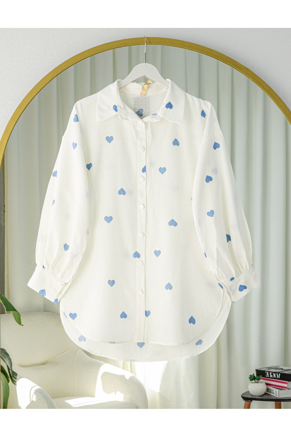 Modamorfo-Heart Detailed Buttoned Long Back Silk Cotton Shirt - White 1