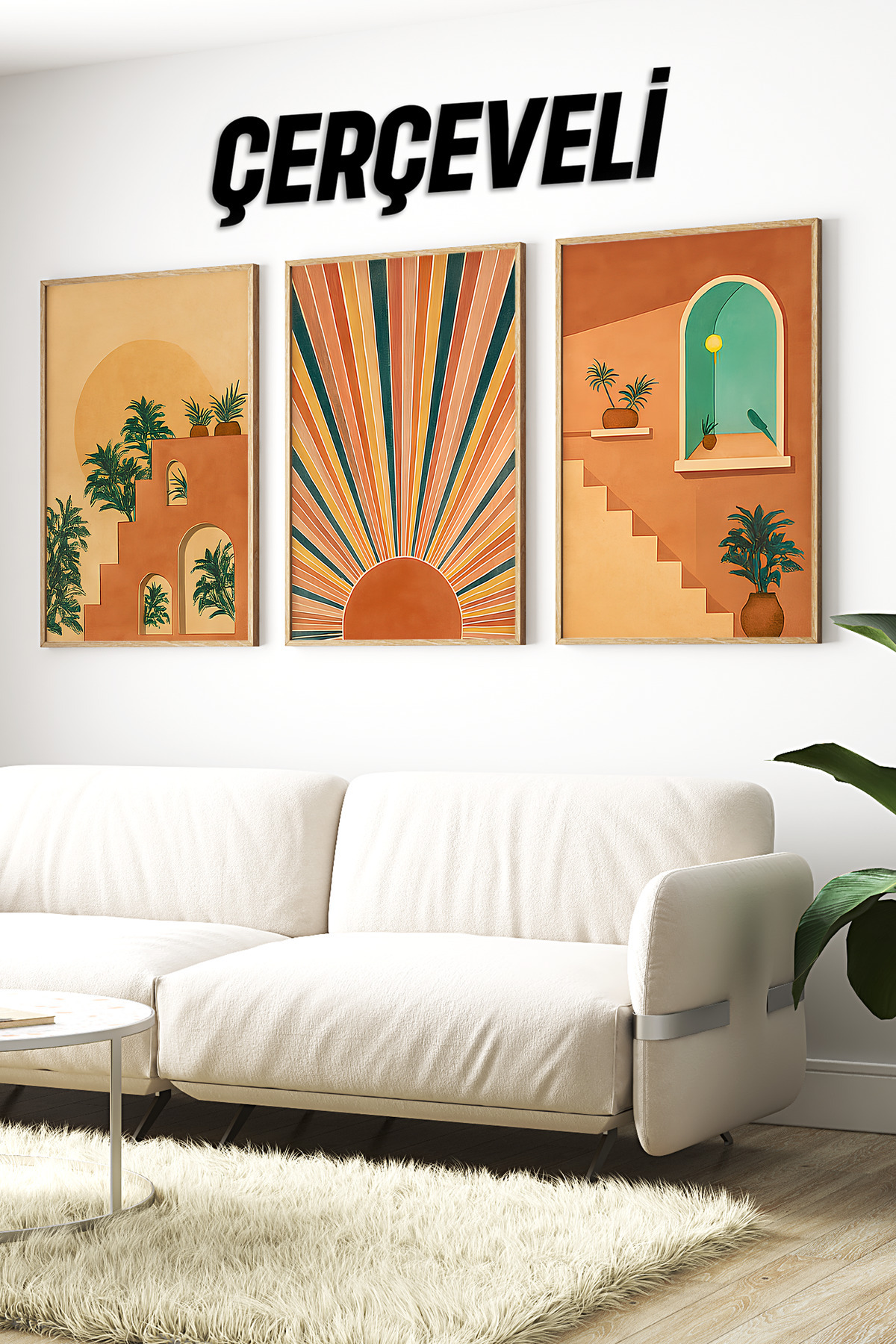 🧡 3’lü Çerçeveli Mimari Güneş ve Bitki Temalı Dekoratif Tablo Seti🌿 CRV1150