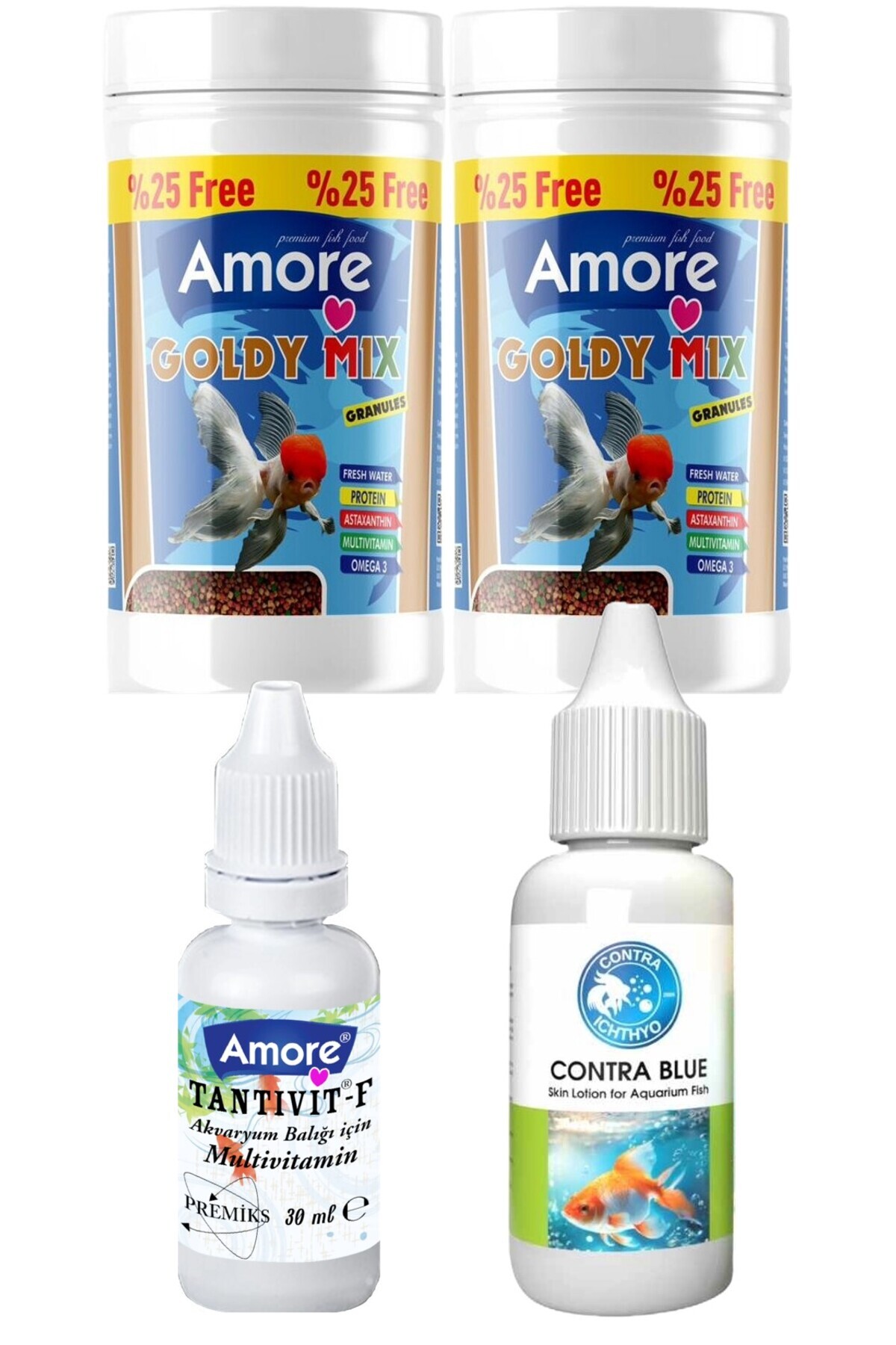 AMORE GoldFish Mix Granules 2x125ml Granül Japon Balığı Yemi, Contra 50cc, Multivitamin