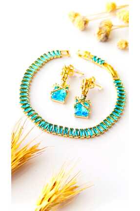 RSB Bijuteri Küpe Sallantılı ve Bileklik Su Yolu Mavi Zirkon Taş Altın Kaplam...