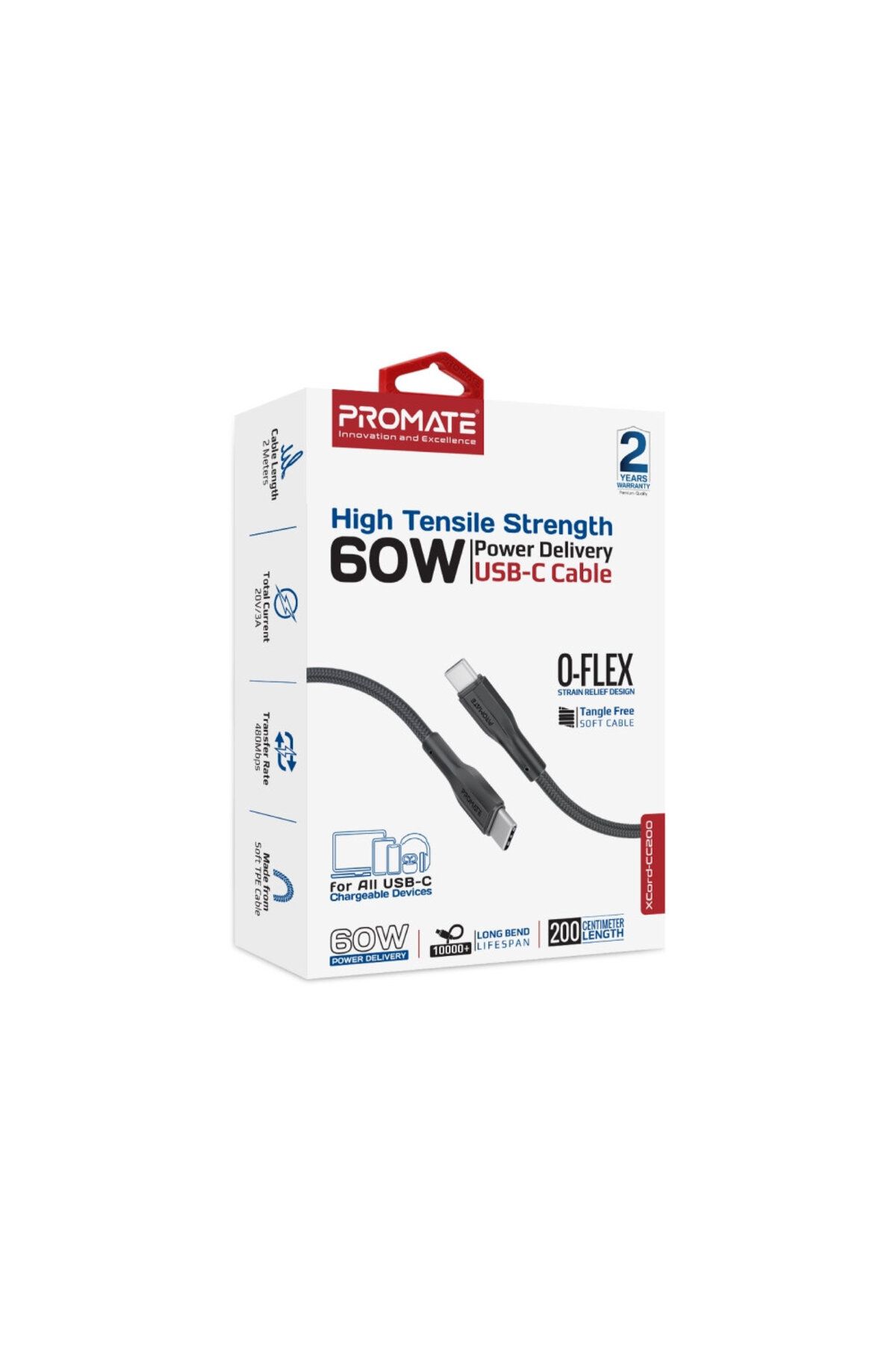 Promate-USB-C™ to USB-C™ Cable, 60W Fast Power Delivery with 480Mbps Data Sync 3