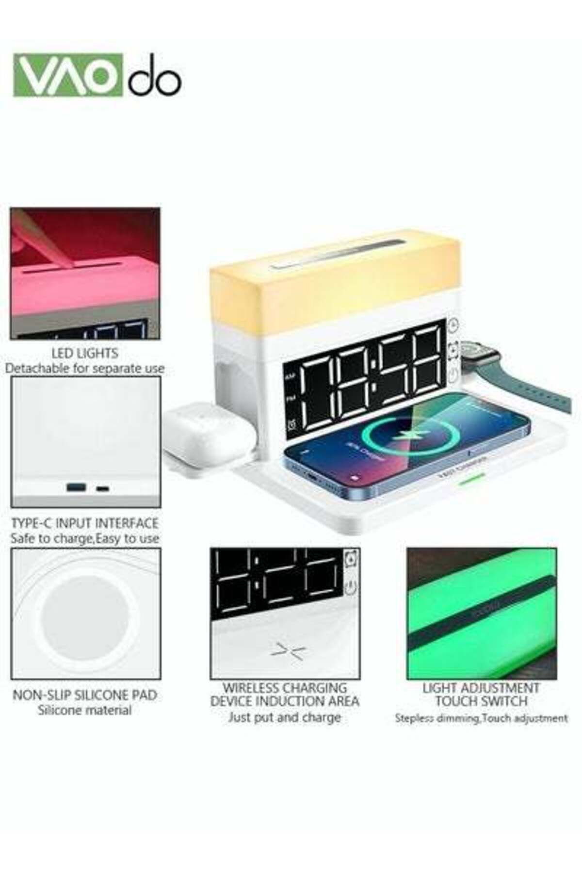 VAODO-6 In 1 Smart Alarm Clock White Multi-Function Wireless Charger Desktop Clock Night Light Table Lamp 4