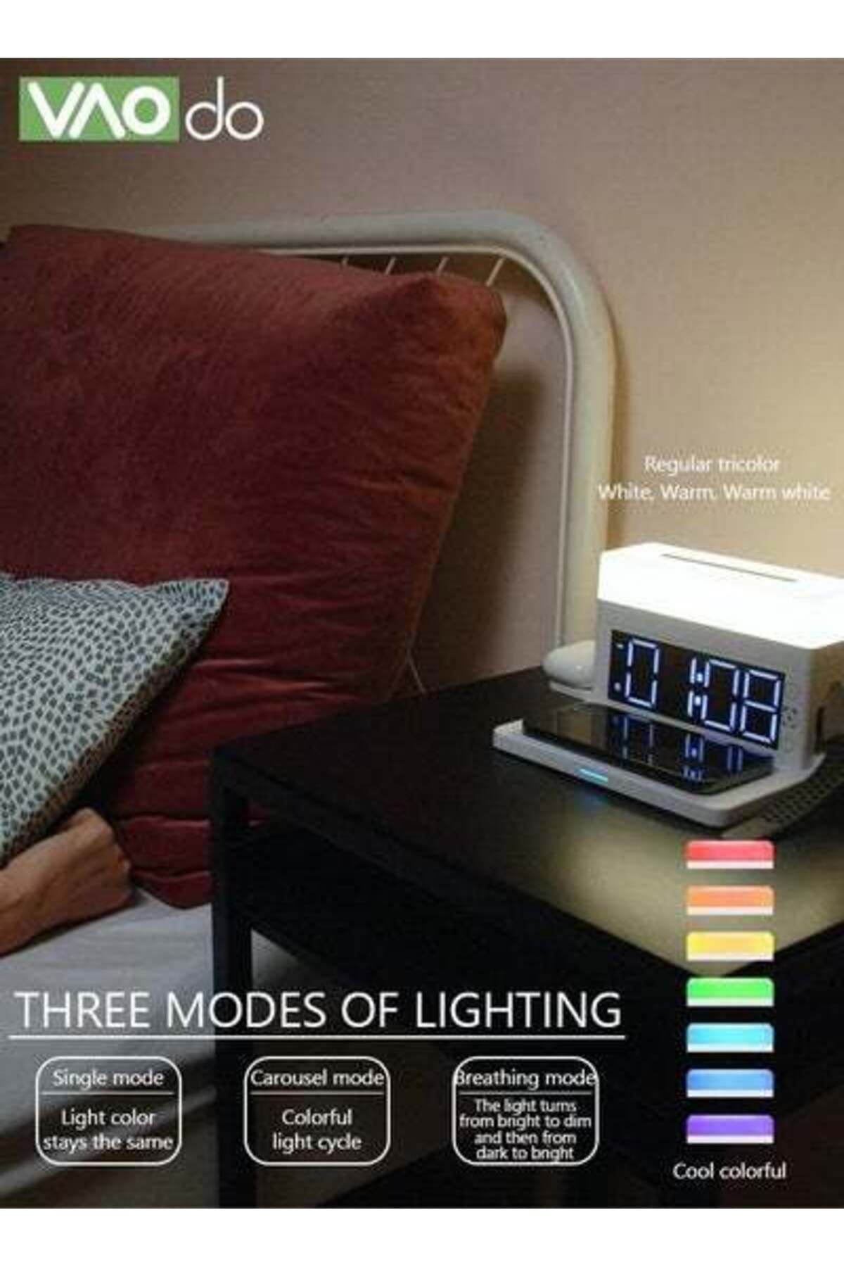 VAODO-6 In 1 Smart Alarm Clock White Multi-Function Wireless Charger Desktop Clock Night Light Table Lamp 3