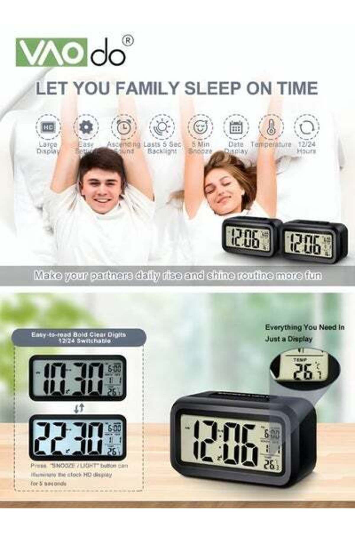 VAODO-LED Alarm Clock Large Screen Display with Night Light Sensing Function Temperature Display 2